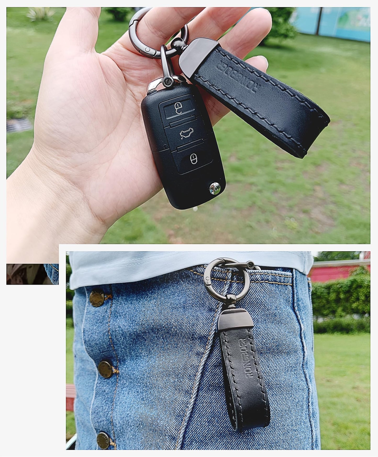 RONGBOER Handmade Double-Sided Cowhide Leather Keychain,Unique Car Key Chain Accessory,Vegetable-Tanned and Nubuck Leather,R07 (black)