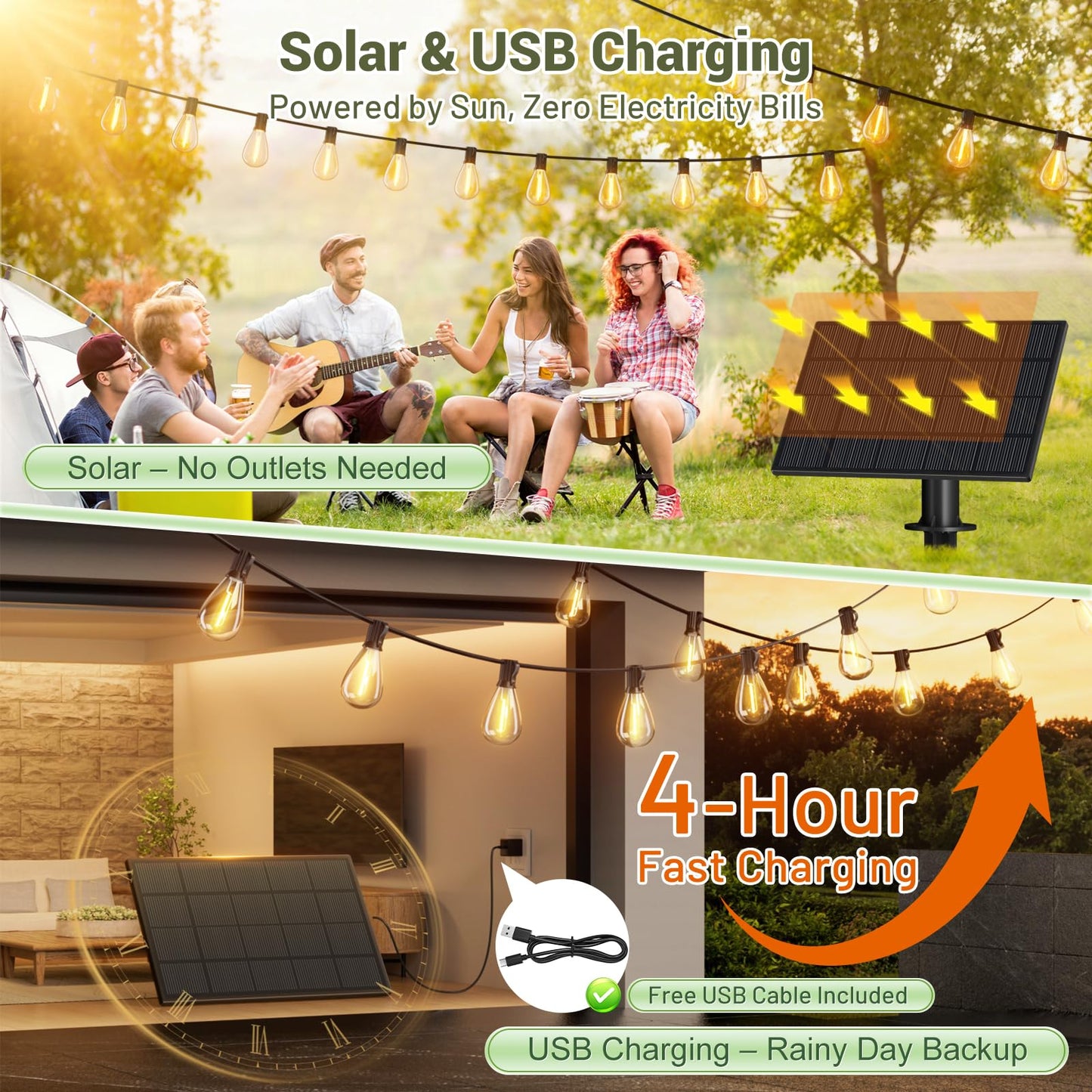 Amzrap 50FT Solar String Lights Outdoor, 18+1LED Shatterproof Bulbs with Remote & USB Port, Waterproof 3 Modes Dimmable Solar Lights for Backyard, Patio, Camping