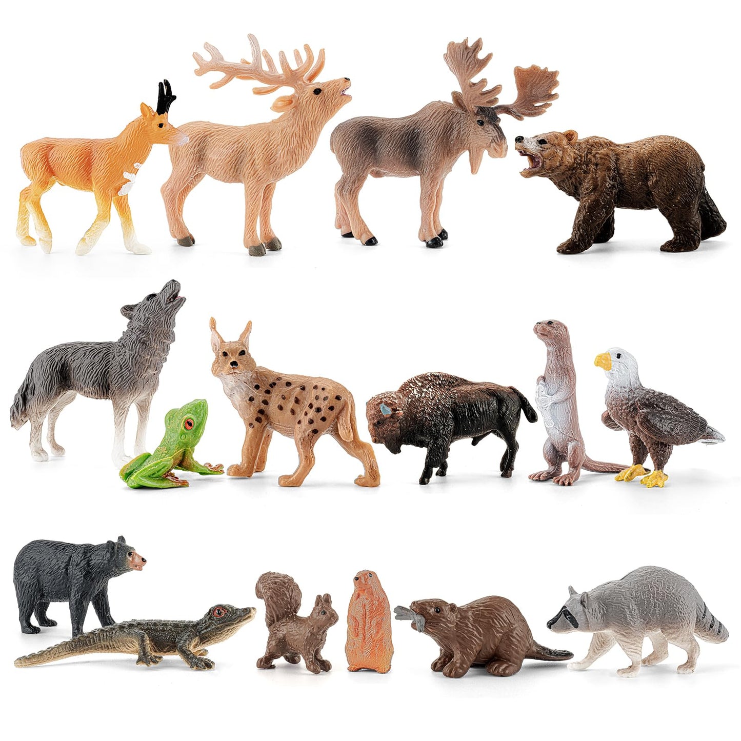 THINKBAY 16PCS Mini North American Forest Woodland Animals Figurines Toys, Realistic Jungle Wild Animal Figures with Wolf,Bear,Bison,Reindeer,Birthday Party Favors Valentine's Day Gifts for Kids
