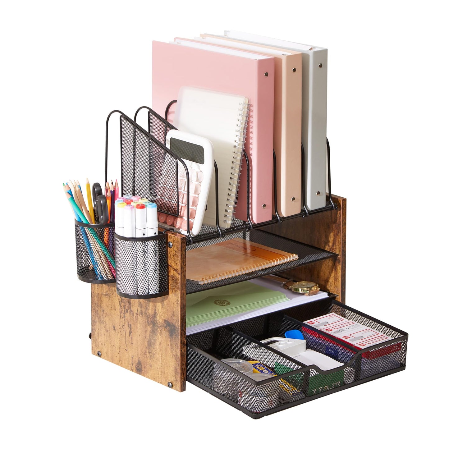 Beramon 4-Tier Desk Organizer with Drawer, Wooden Mesh File Organizer with 5 Vertical Sorters & 2 Pen Holders, Multi-Functional Desktop Organizer for Home, Office & School