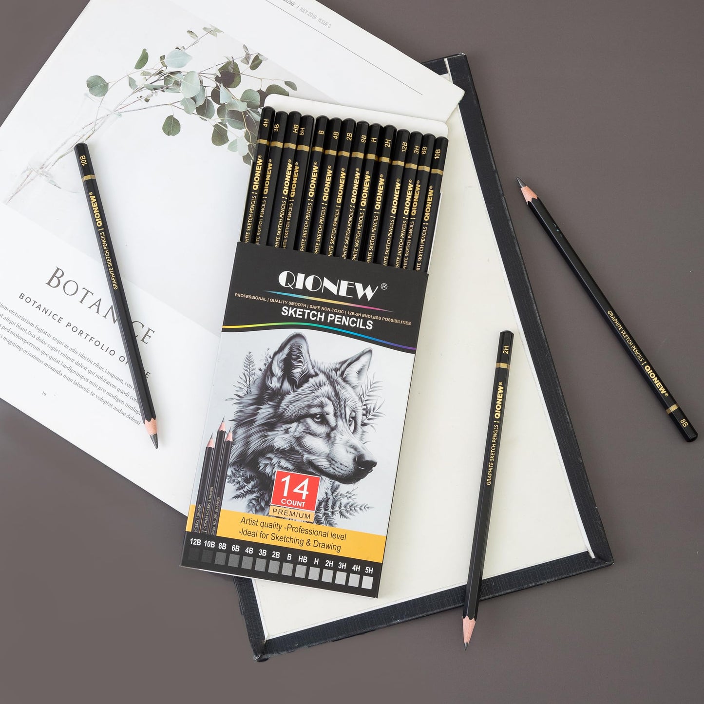 Qionew Professional Sketching Pencil for Drawing,14 Pack, Graphite Pencils, (12B-5H), Art Pencils for Drawing and Shading, Sketching, Ideal for Beginners & Pro Artists