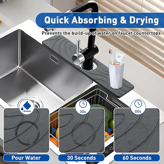 2 Pcs Faucet Mat for Kitchen Sink 15.74”×3.94” Diatomite Quick Dry Sink Splash