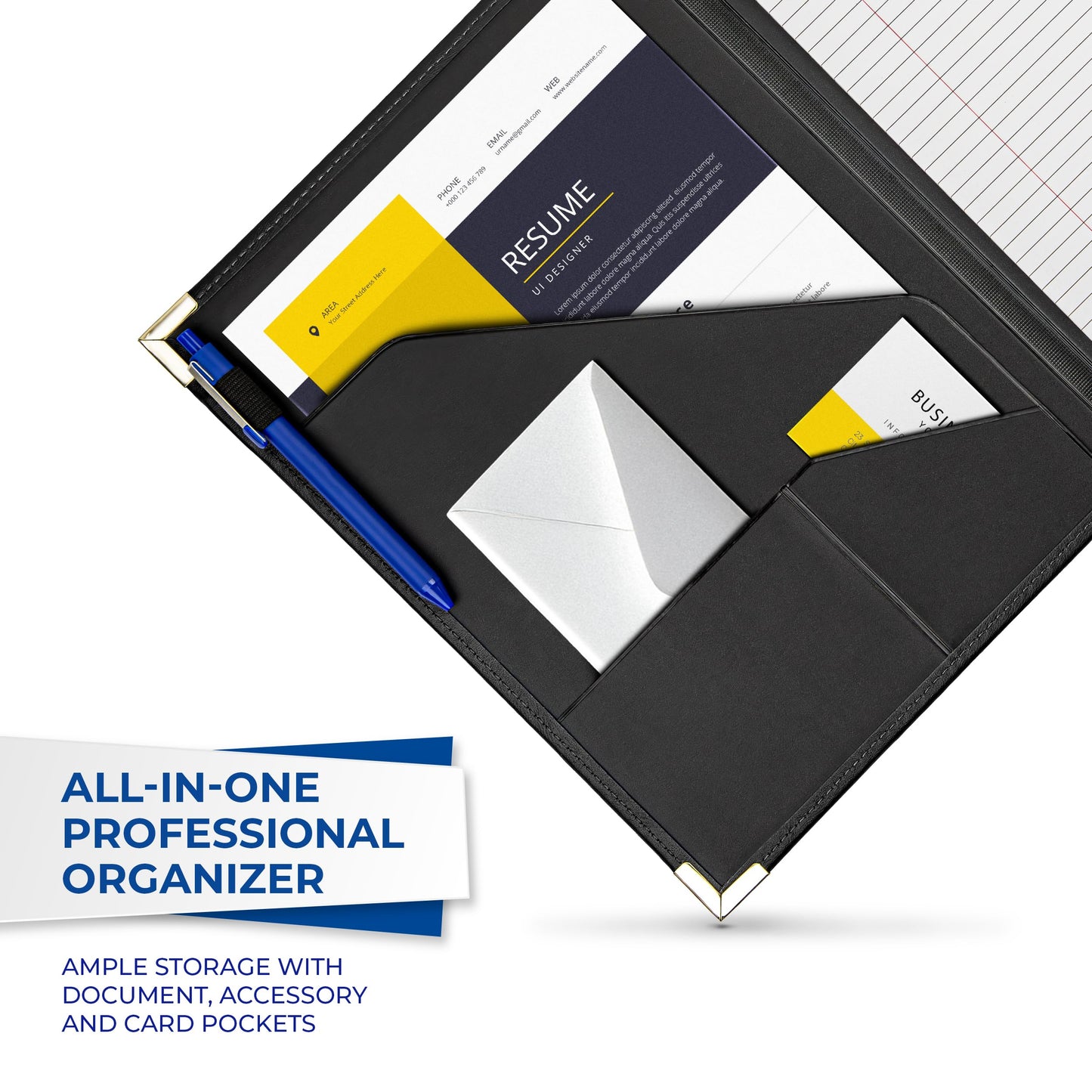 Samsill Classic Collection Business Portfolio - Executive Padfolio for Resume & Document Organizer - 8.5 by 11-Inch Legal Pad, Faux Leather with Brass Corners (Black)