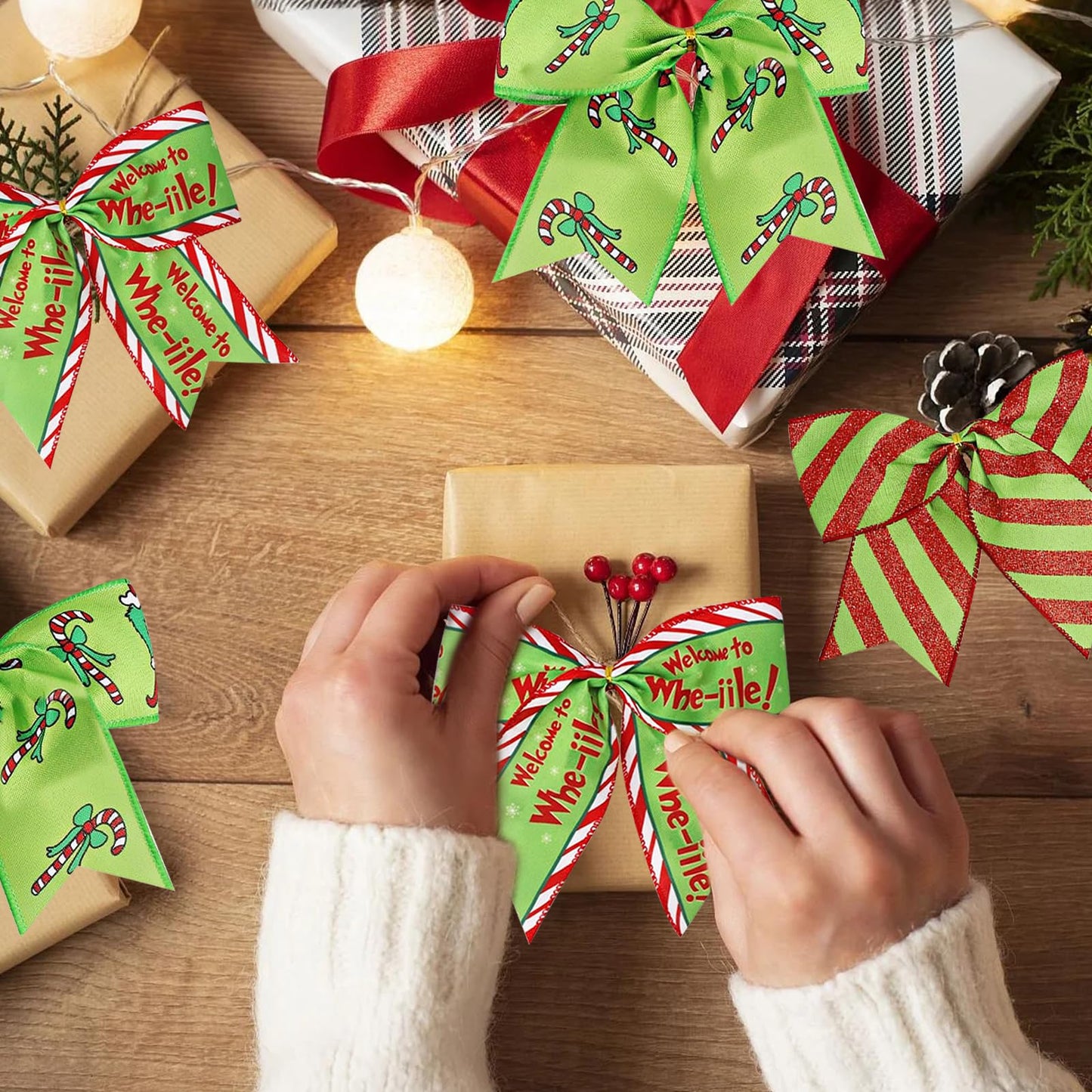 12Pcs Christmas Ornaments Bows Christmas Tree Decorations Red Green 6" Large Wreaths Bows for Gifts Wrapping Holiday Party Xmas Decor