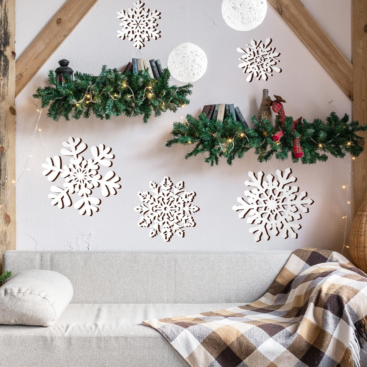 Whaline 6 Pcs Christmas Snowflake Wooden Wall Decor White Snowflake Shaped Wood Wall Art Sign with Hook for Home Farmhouse Xmas Winter Hanging Ornament