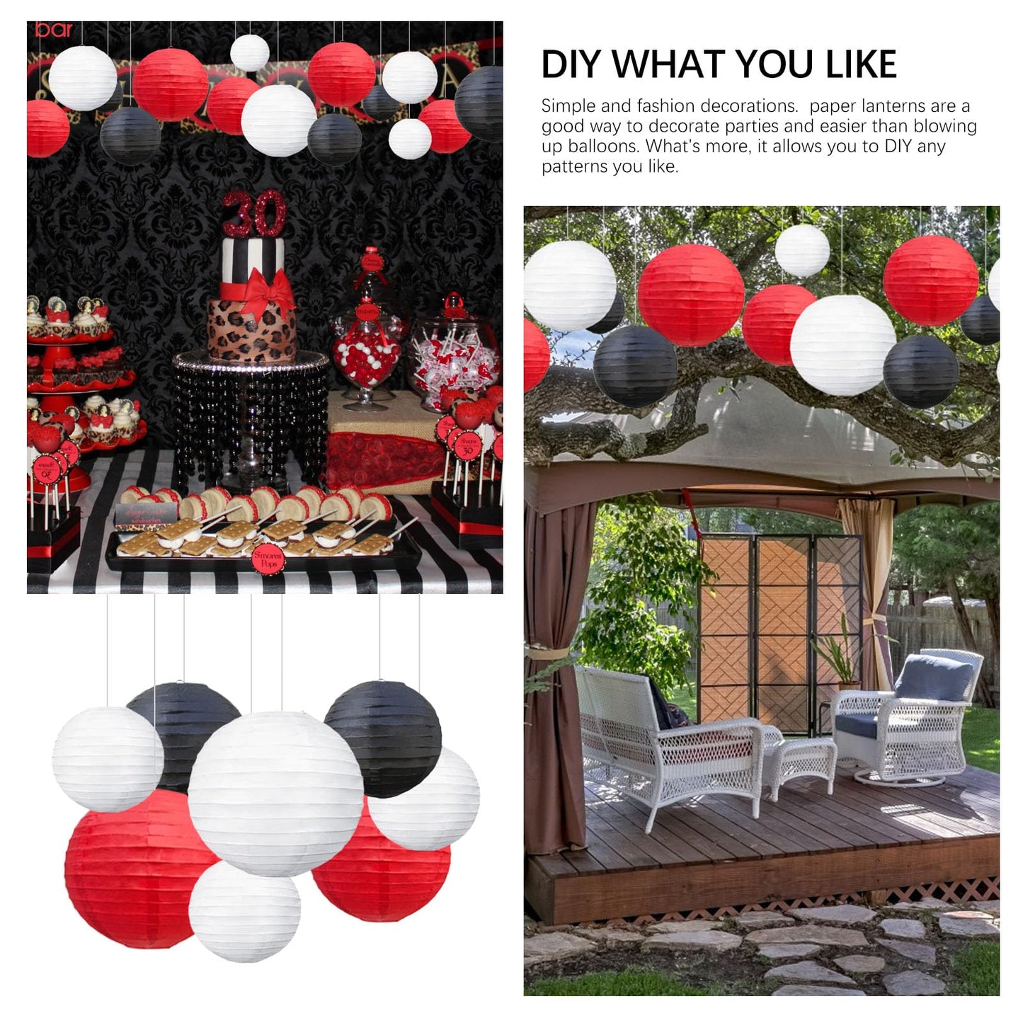 20Pcs Red Black White Paper Lanterns for Parties, 6” 8” 10” 12” Chinese Asian Hanging Round Paper Lanterns for Birthday Wedding Halloween Christmas Home Decor Party Decor