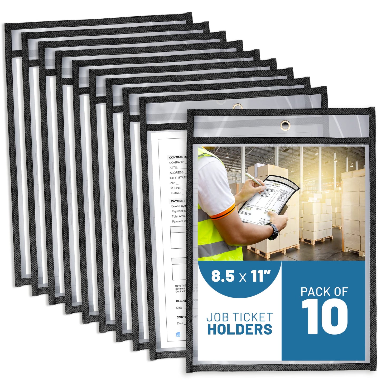 10 Pack Job Ticket Holders 8.5x11 - Work Order Plastic Sleeves for Documents - 8 1/2 x 11 Shop Ticket Holders - Dry Erase Pocket Sleeves - Dry Erase Pockets - Dry Erase Sleeve - Clear Pocket Sleeve