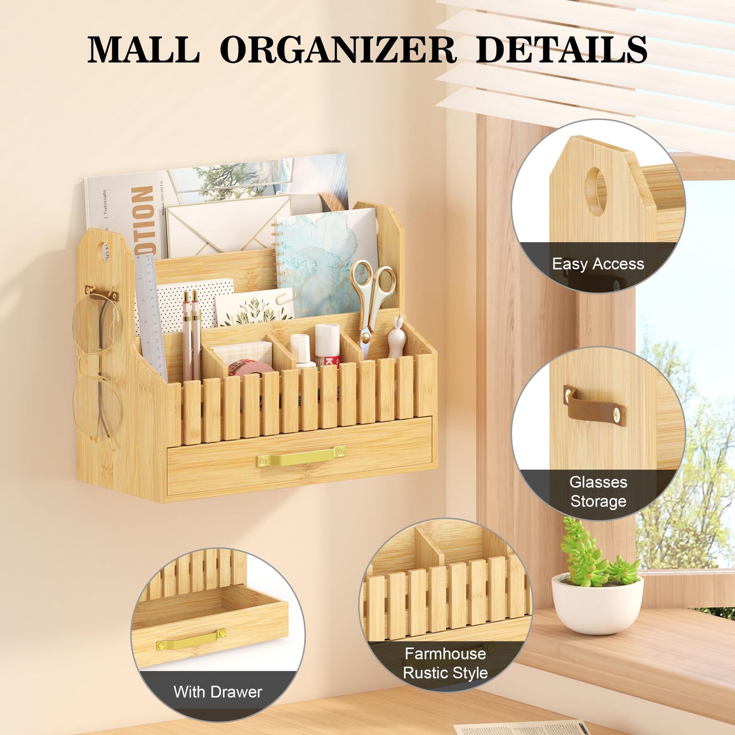 Bamboo Mail Organizer Countertop with Drawers, Wood Desk File Organizer Desktop Paper Organization Storage Bill & Letter Sorter Holder for School Home Office Supplies, No Assembly Required (Nature)