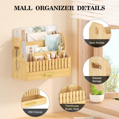 Bamboo Mail Organizer Countertop with Drawers, Wood Desk File Organizer Desktop Paper Organization Storage Bill & Letter Sorter Holder for School Home Office Supplies, No Assembly Required (Nature)