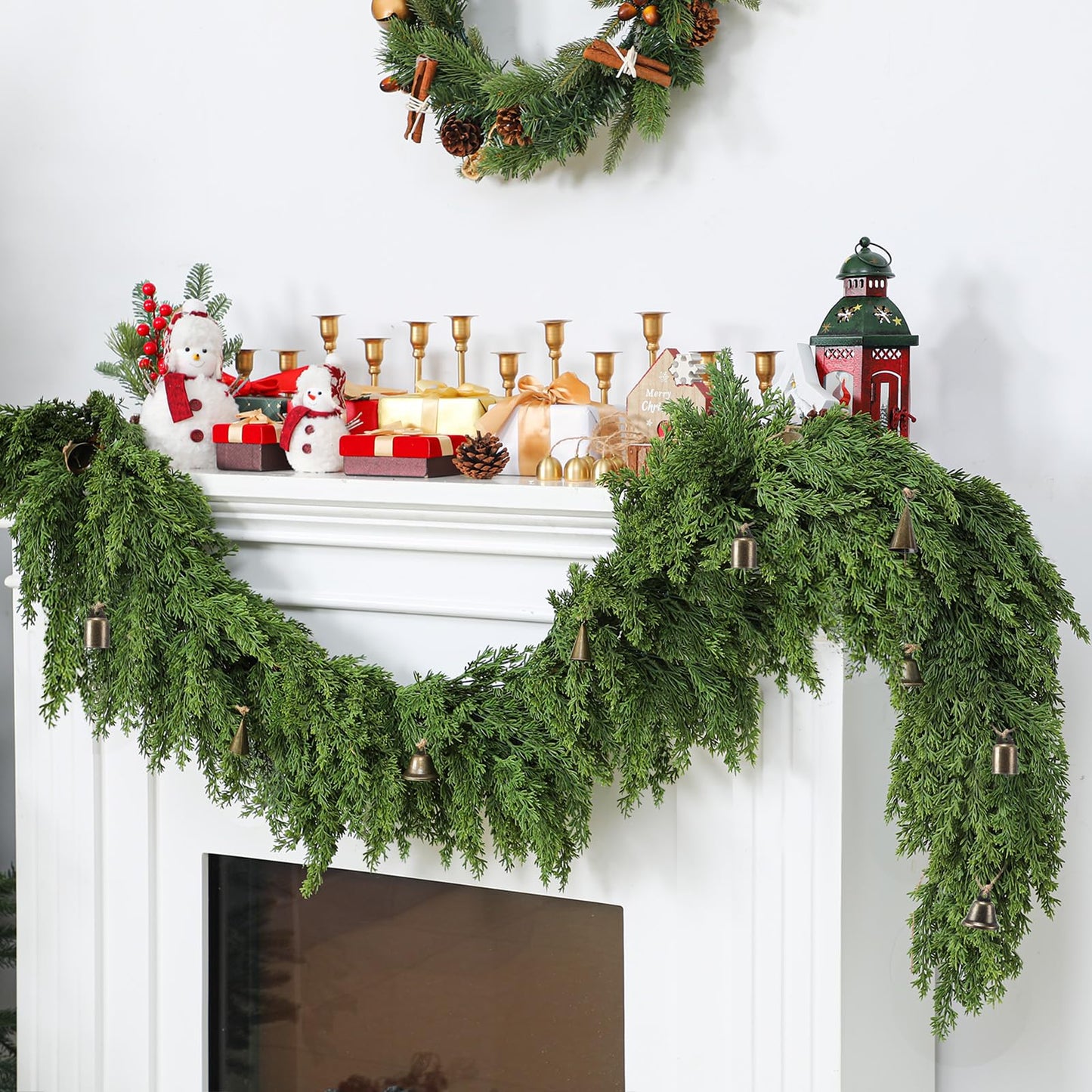 Giegxin 6 ft Christmas Decoration Cedar Garland with Cowbells for Mantel Christmas Lifelike Touch Evergreen Artificial Rustic Garlands for Farmhouse Home Table Centerpieces Fireplace Winter Xmas Decor