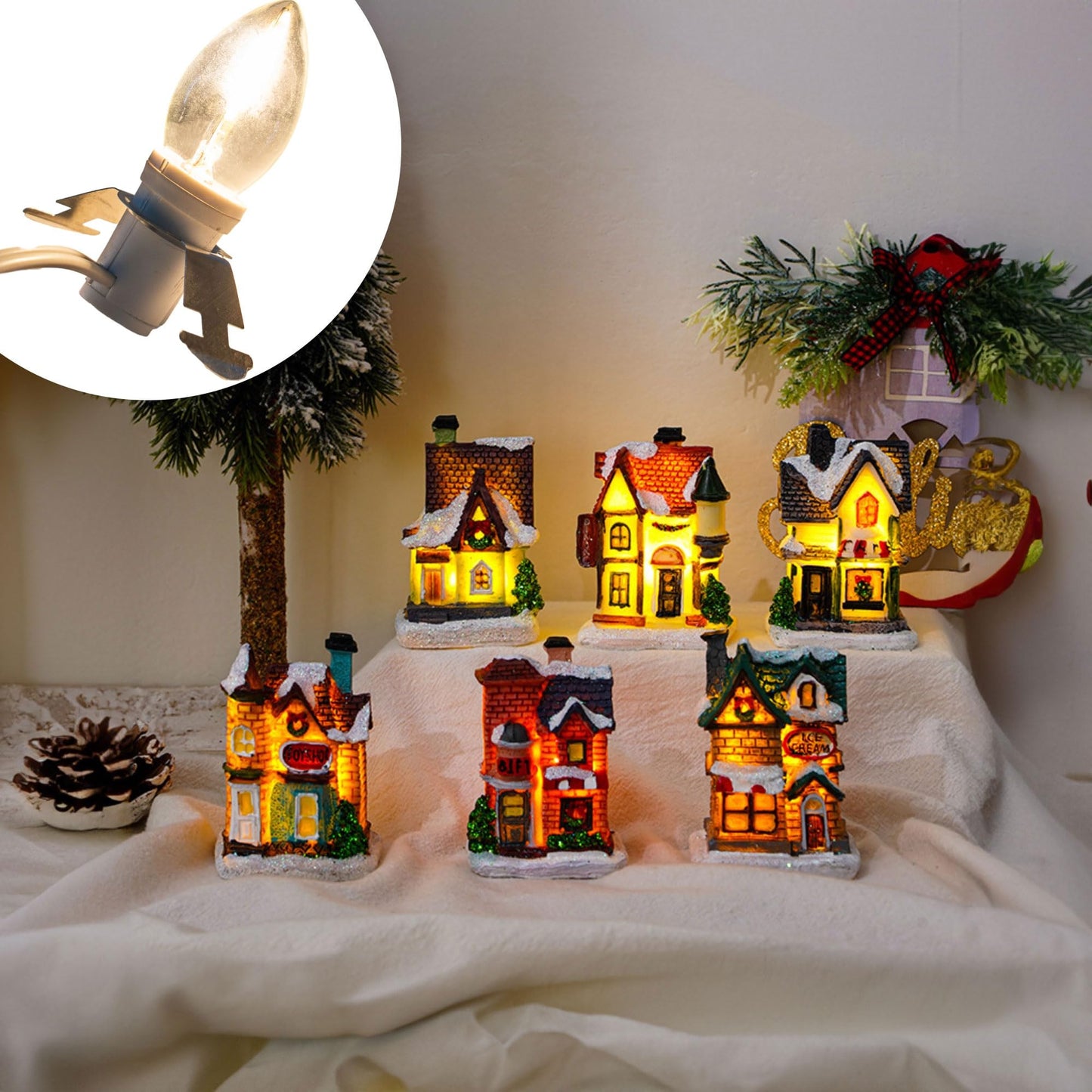 Dazzle Bright 4 Pack 6 FT Accessory Cord with LED Light Bulb E12 Socket White Cord with On/Off Switch Plug, C7 Candelabra Light Bulbs for Holiday Decorations, Christmas Village House, Pumpkin Lights