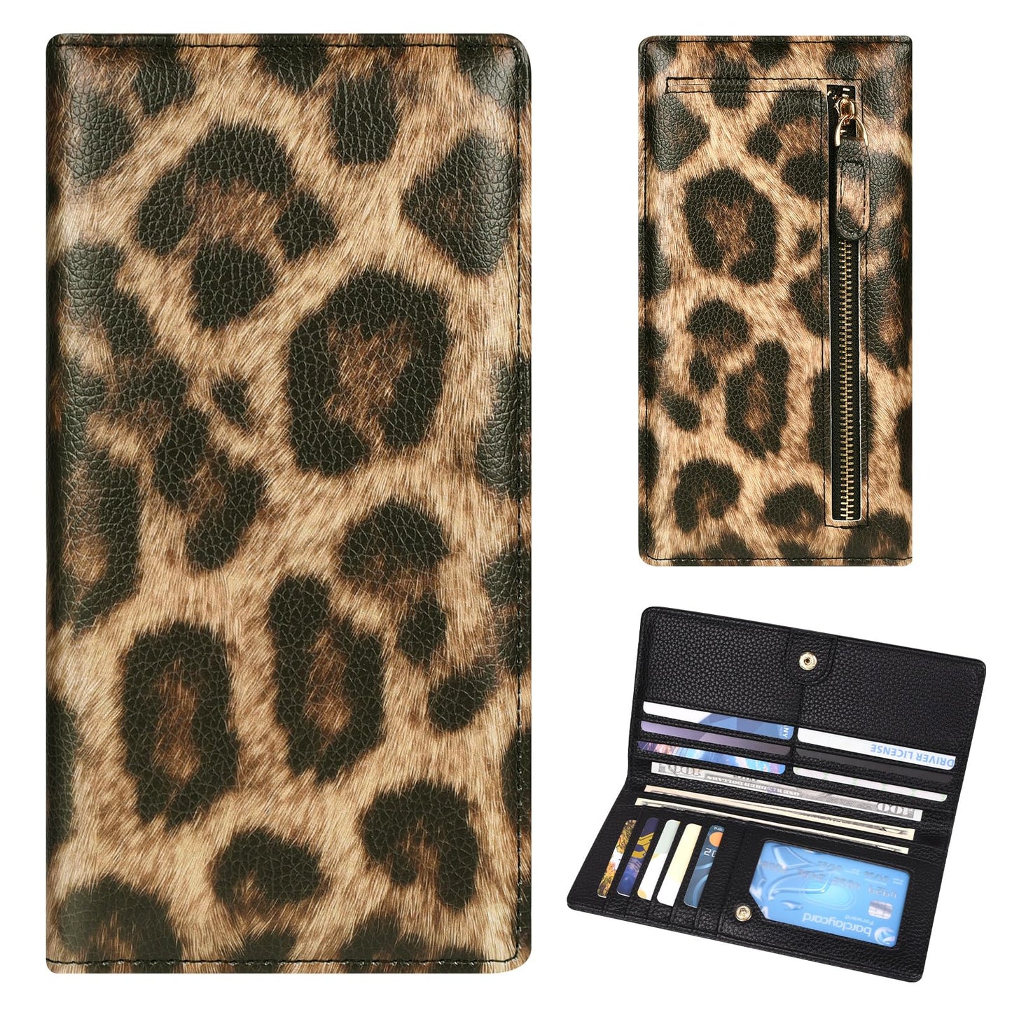 Handlein Womens Wallet, Extra Slim RFID Wallets, Leather Bifold Clutch Billfold Purse, with 11 Card Slots & ID Window, Cute Credit Card Holder Purse for Ladies Girls (Leopard Print)