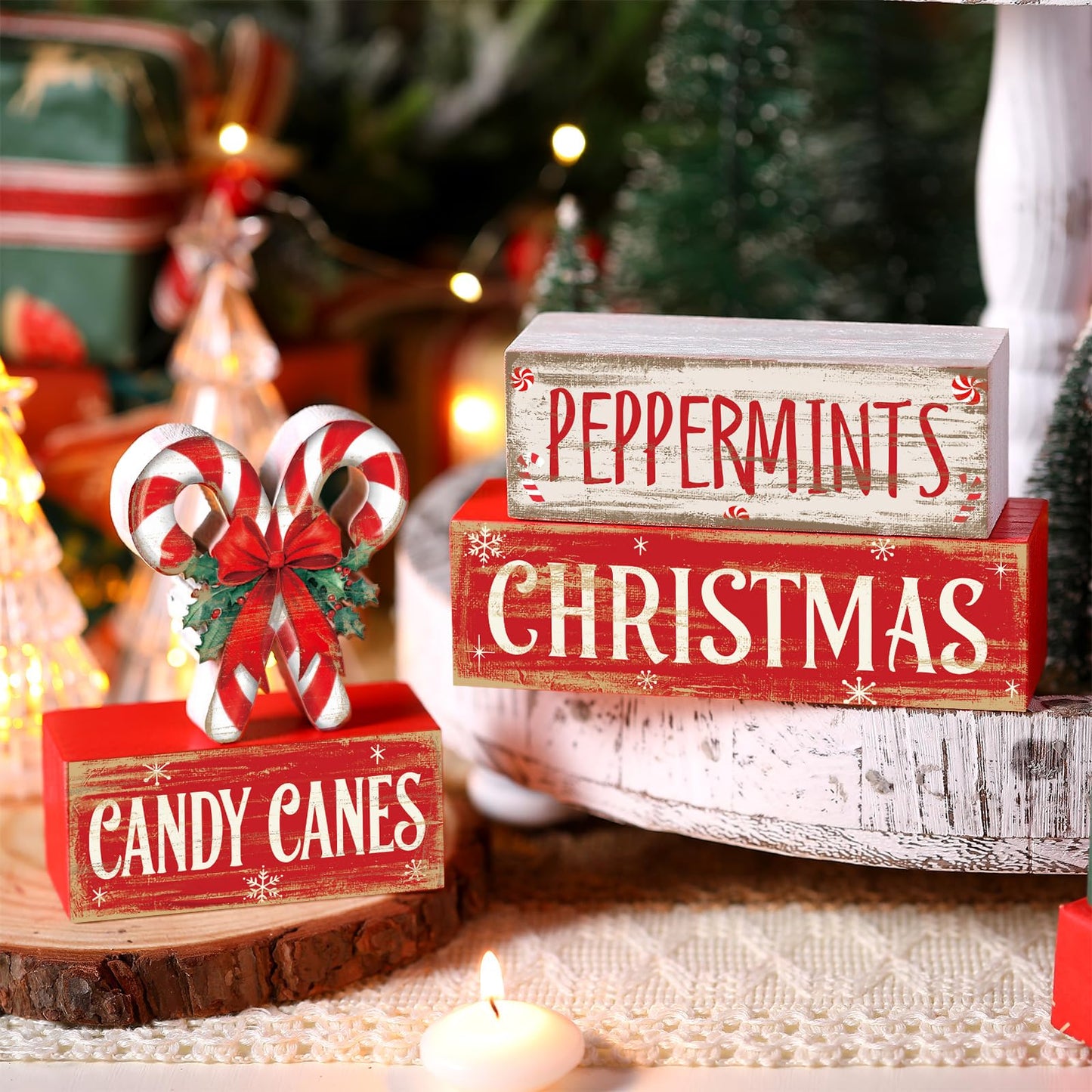 Moucuny 4 Pcs Christmas Candy Cane Table Decor Christmas Wooden Decorative Signage Red and White Stripes Candy Cane Xmas Tiered Tray Decor Centerpieces Farmhouse Wooden Block Set for Home