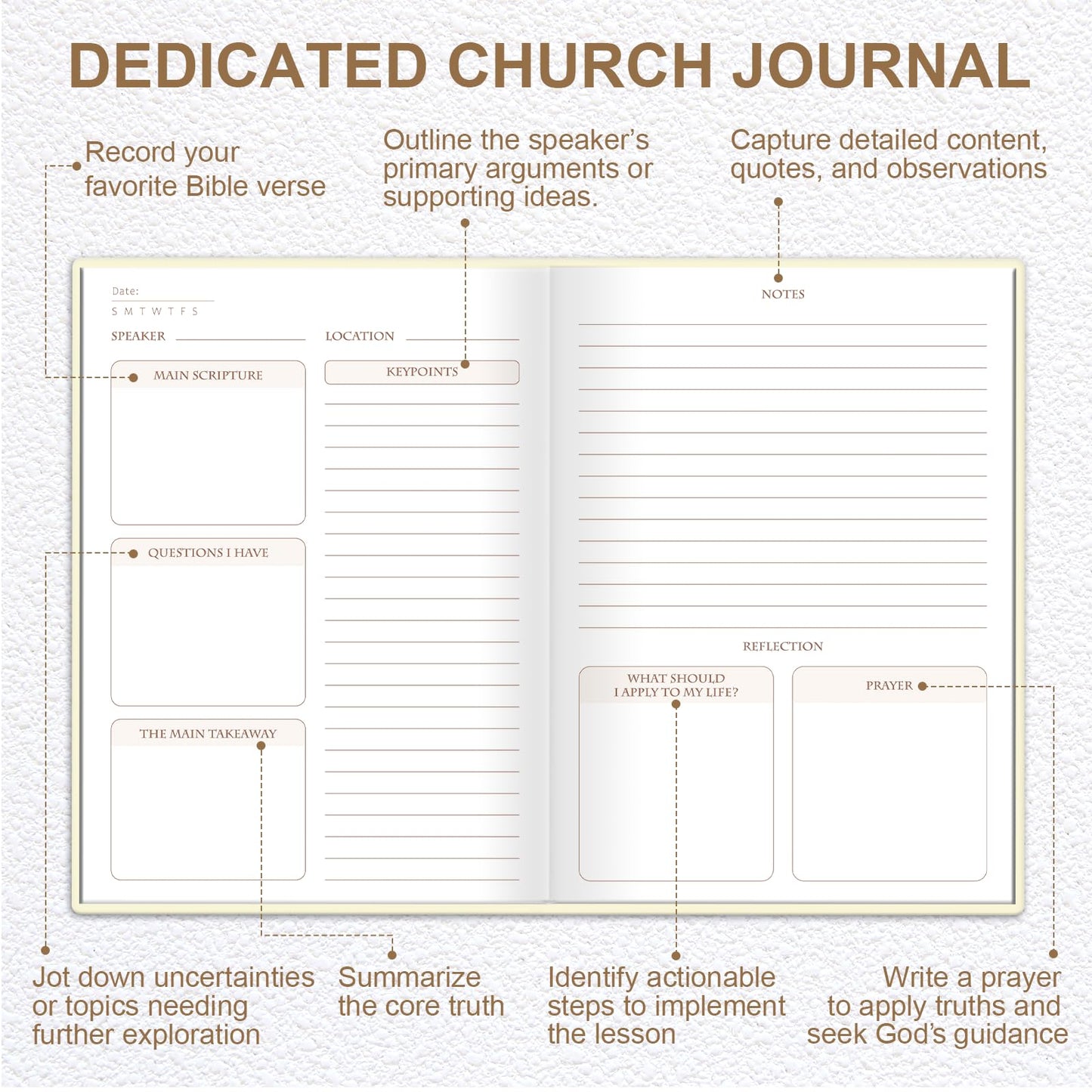 XKDOUS Church Notes Journal, Sermon Notes Christian Notebook, Linen Bible Study Journal, Prayer Journals, Blank Notebook to Writing Key Points and Notes, Christian Gifts for Women Men, Beige