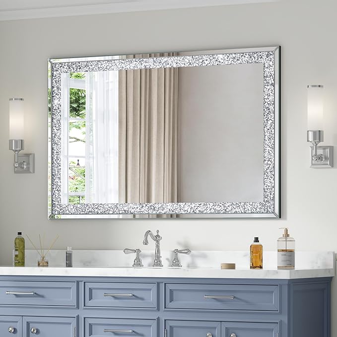 Crystal Crush Diamond Mirror-46.5"x31" Silver Mirror, Gorgeous Wall Mirror, Rectangle Mirrors for Wall Bathroom, Bedroom, Dining Room and Living Room