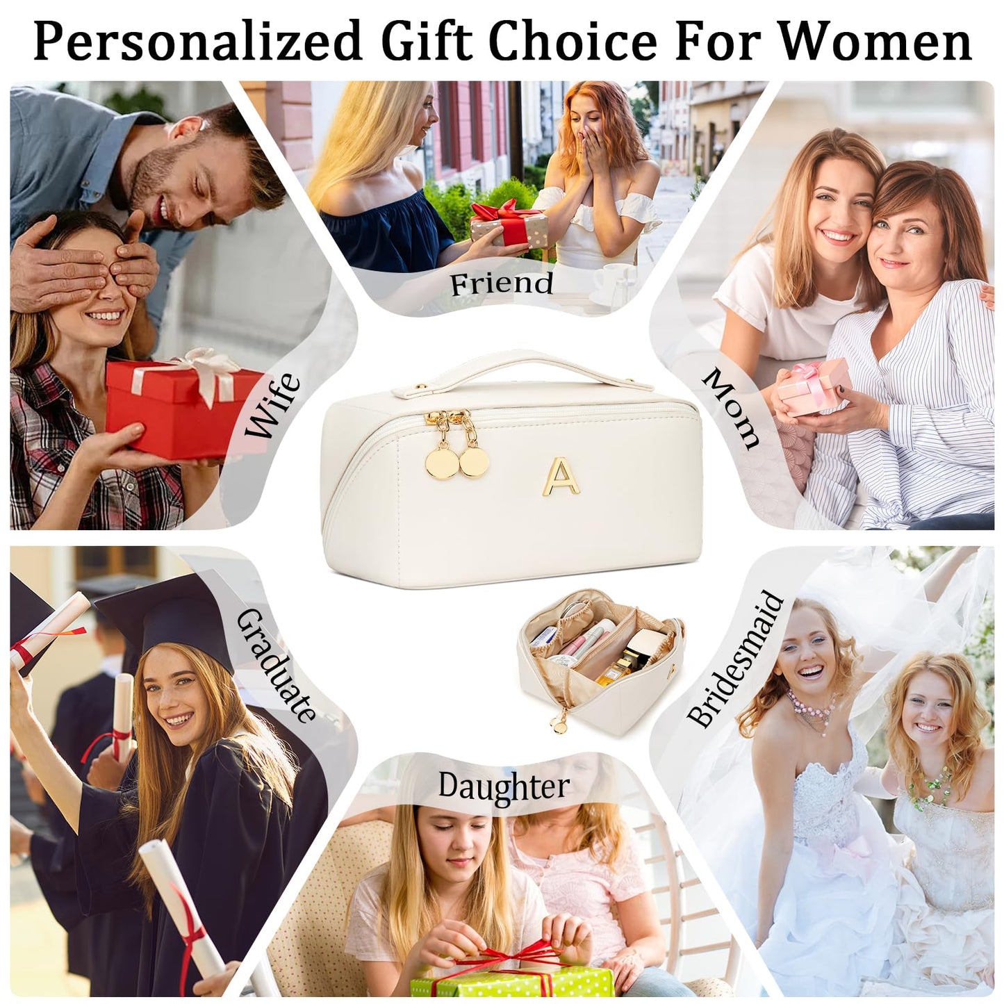 CLOUDWINGS Initial Makeup Bag Gifts for Women Bridesmaid Gifts Travel Toiletry Personalized PU Leather Waterproof Cosmetic Bag (Medium-Beige-A)