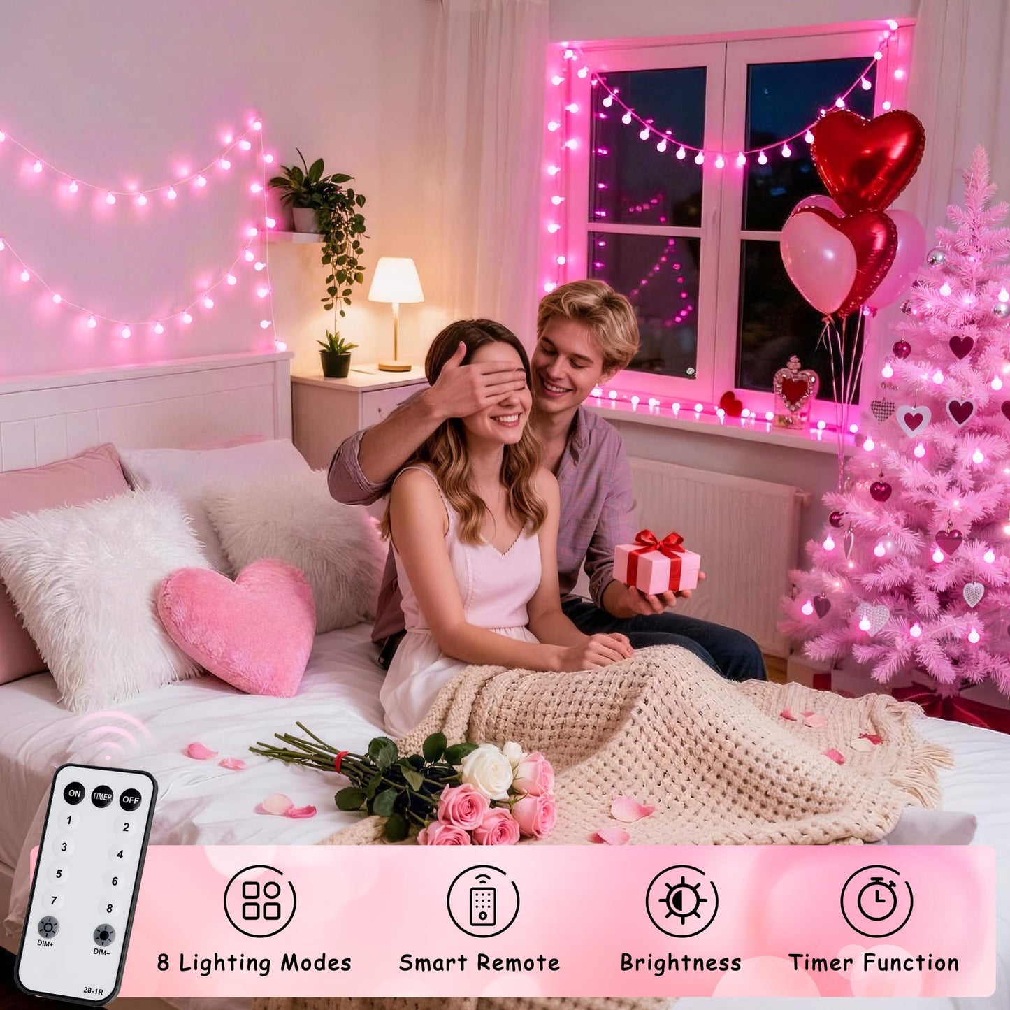 JMEXSUSS 100 LED Pink String Lights Indoor,33 ft Connectable Globe Pink Lights Plug in, 8 Mode Fairy Valentine Light with Remote for Bedroom Girl Room Anniversary Party Valentines Day Decorations