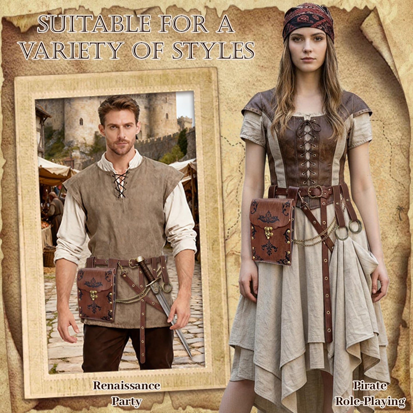 TobWeaL Renaissance Pirate Chain Belt Pouch Set - Medieval Viking Skirt Hike Faux Leather Waist Bag Costume Accessories for Cosplay (Brown)
