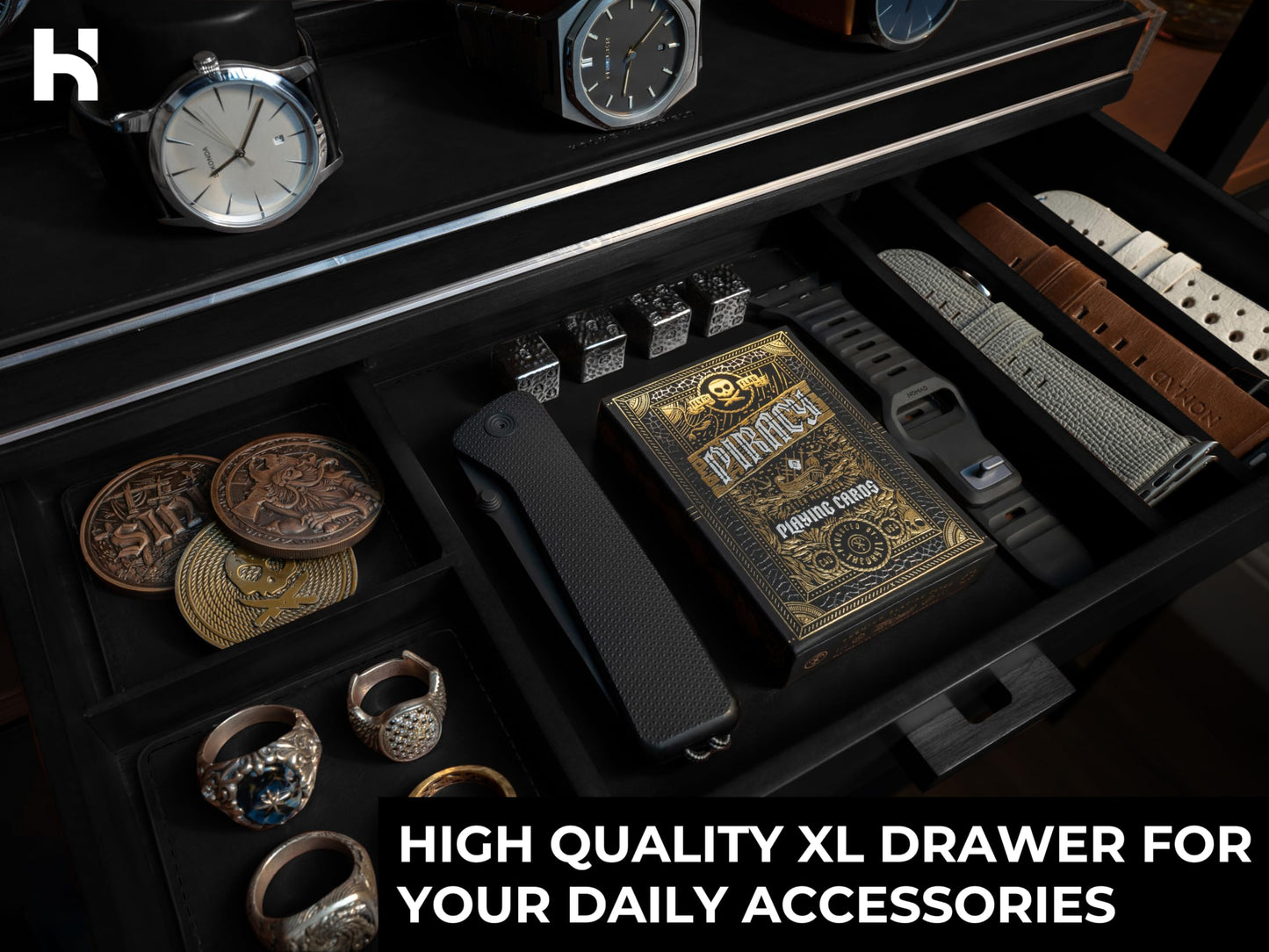 Premium 7 Slot Watch Box for Men - Large Wooden Watch Display Case with Hinged Cover, Leather Lining & Drawer - Watch Holder Organizer Stand - Handcrafted Luxury Father's Day Present for Men