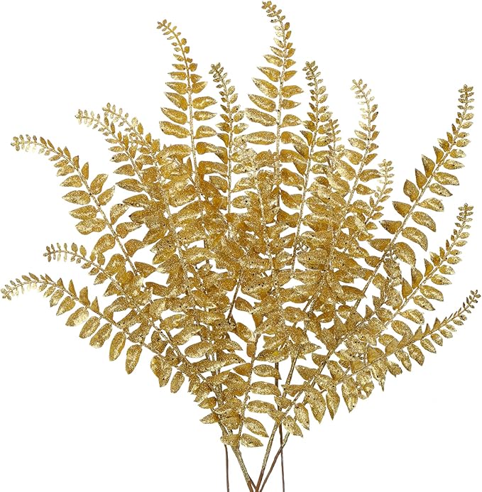 DILATATA 6Pcs Christmas Glitter Leaves Boston Fern Leaves 25" Artificial Gold Fern Leaf Picks Sprays Giltter Stems for Christmas Tree DIY Xmas Wreath Garland Home Decor - Gold