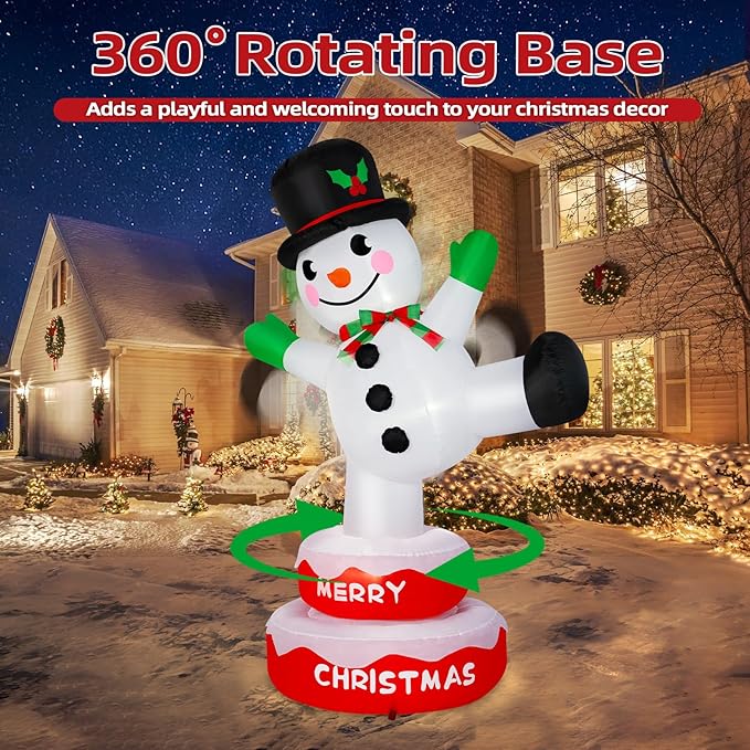 6FT Christmas Inflatables Snowman Outdoor Decorations, Rotating Snowman Inflatable Stands on Donut Base Christmas Blow Up Yard Decorations Built-in LEDs for Xmas Party Garden Outdoor Decor
