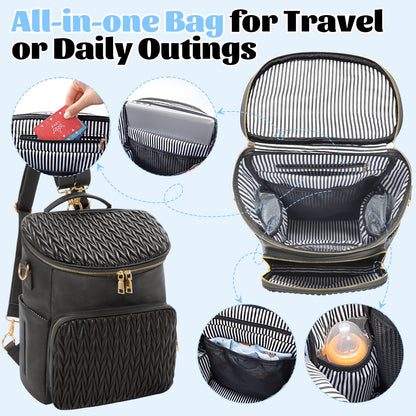 Minsong Diaper Bag Backpack, Fashion Leather Mommy Backpacks, Travel Baby Diaper Bags with in Bag Organizer and Changing Pad (Black-stripes)