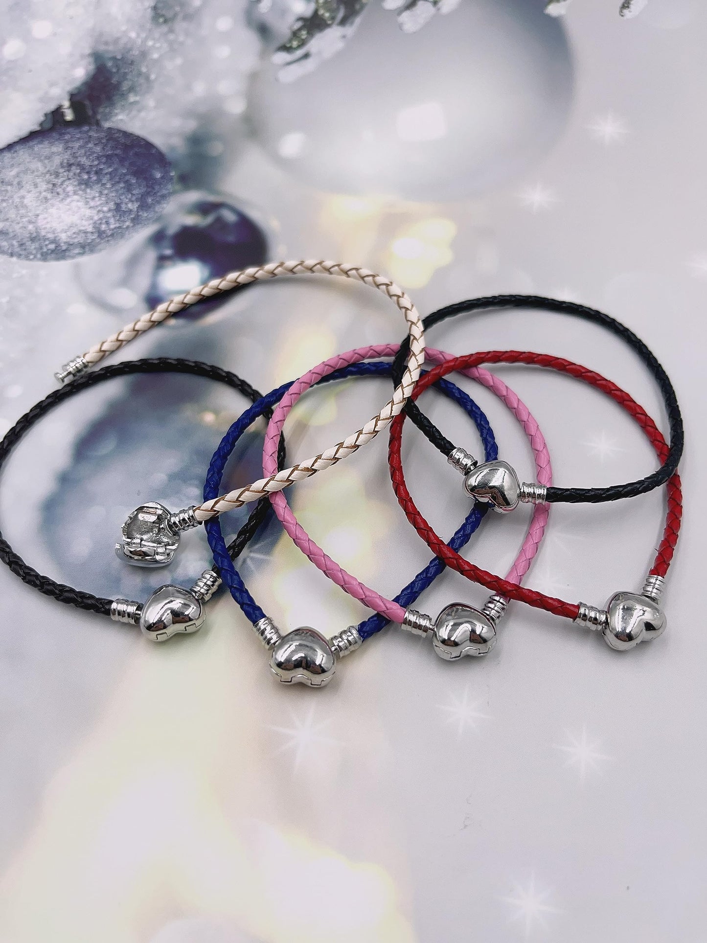 OutstandLong 3mm White Leather Bracelet Heart Barrel Snap Clasp Handmade Braided Wristband for Pandora European Charm Bead DIY Jewelry 21CM