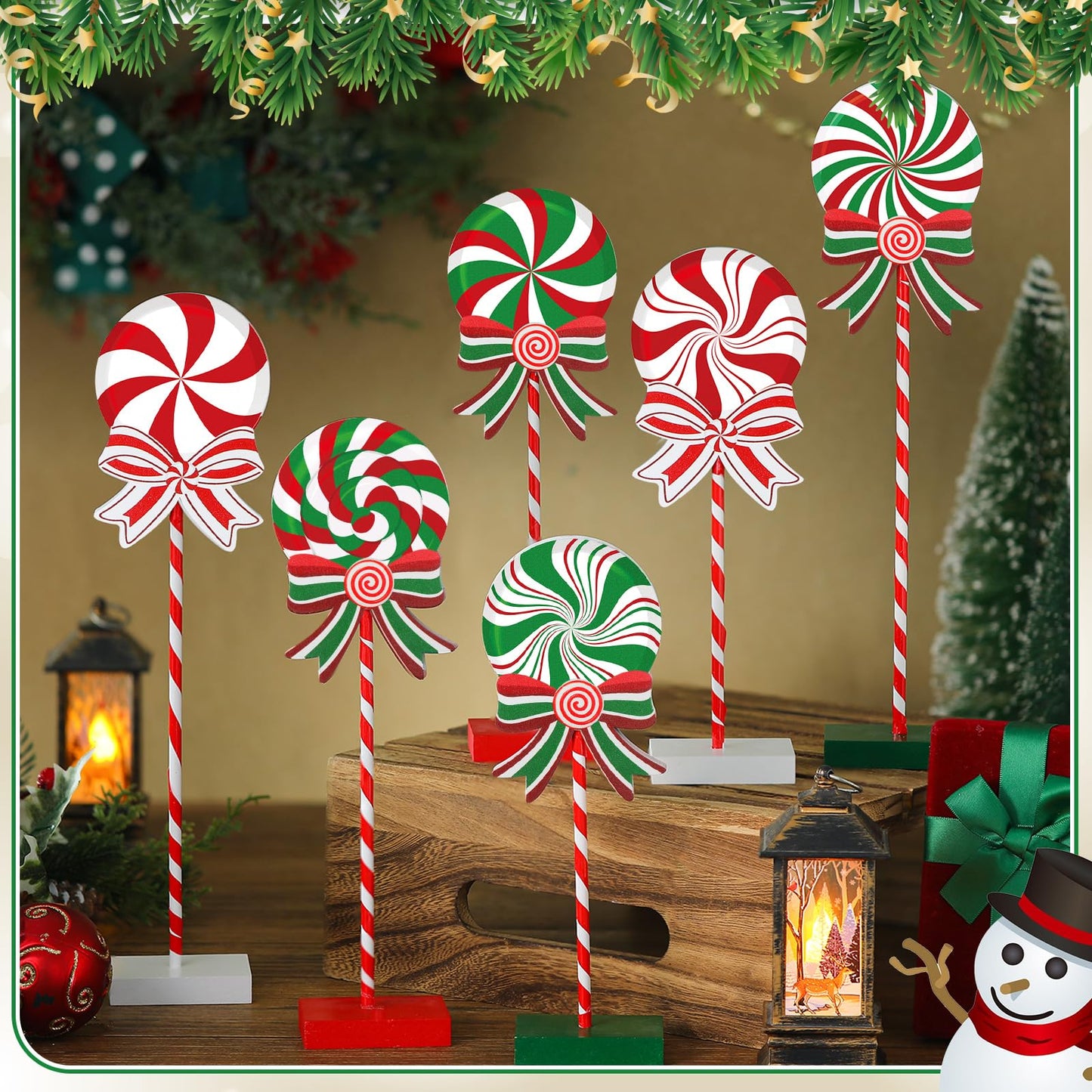 6 Pieces Christmas Candy Wooden Tabletop Decor Candy Cane Tall Standing Wood Block Xmas Cane Table Centerpiece Sign for Christmas Tiered Tray Home Desk Office Party Decoration(Wood,Red, Green, White)