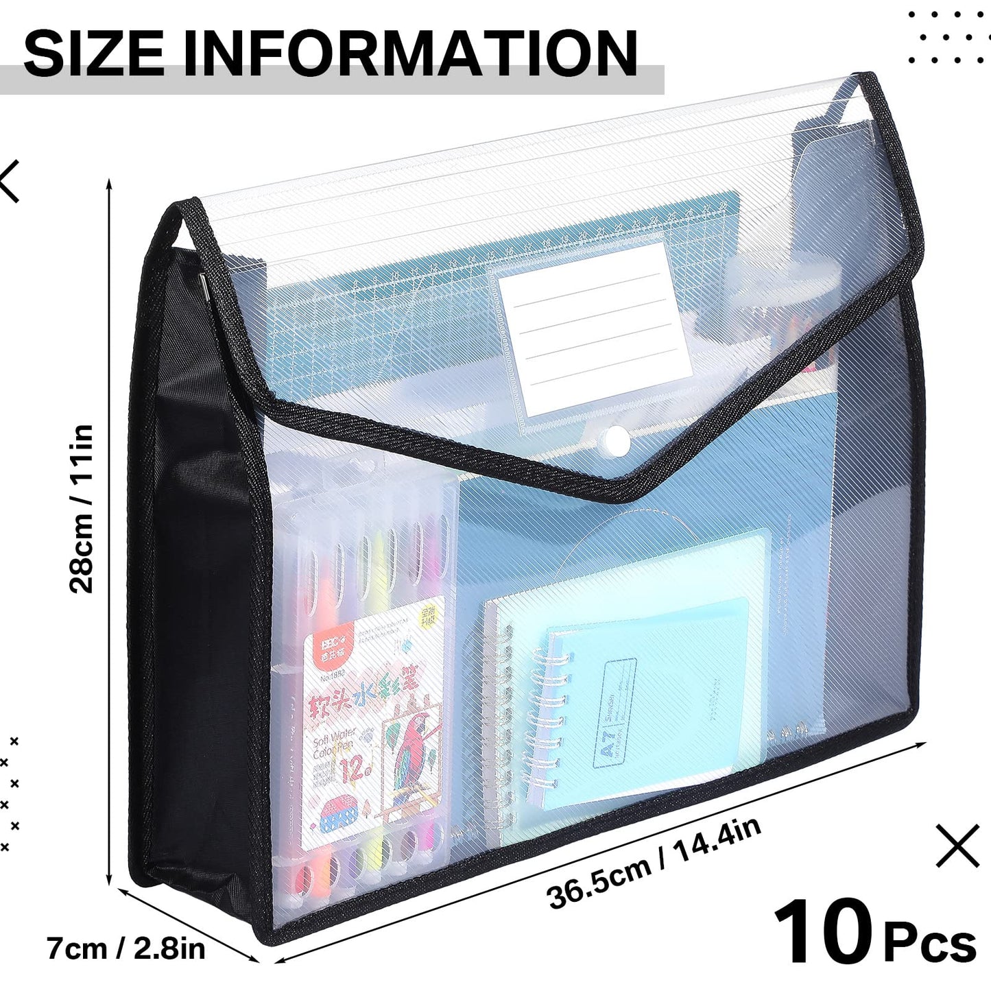10 Pieces Plastic File Folders Envelope Expanding File Wallet Organizer Documents Folder with Snap Closure and Pocket B4 Waterproof Transparent Pouch for School Office(Black, White,Horizontal)