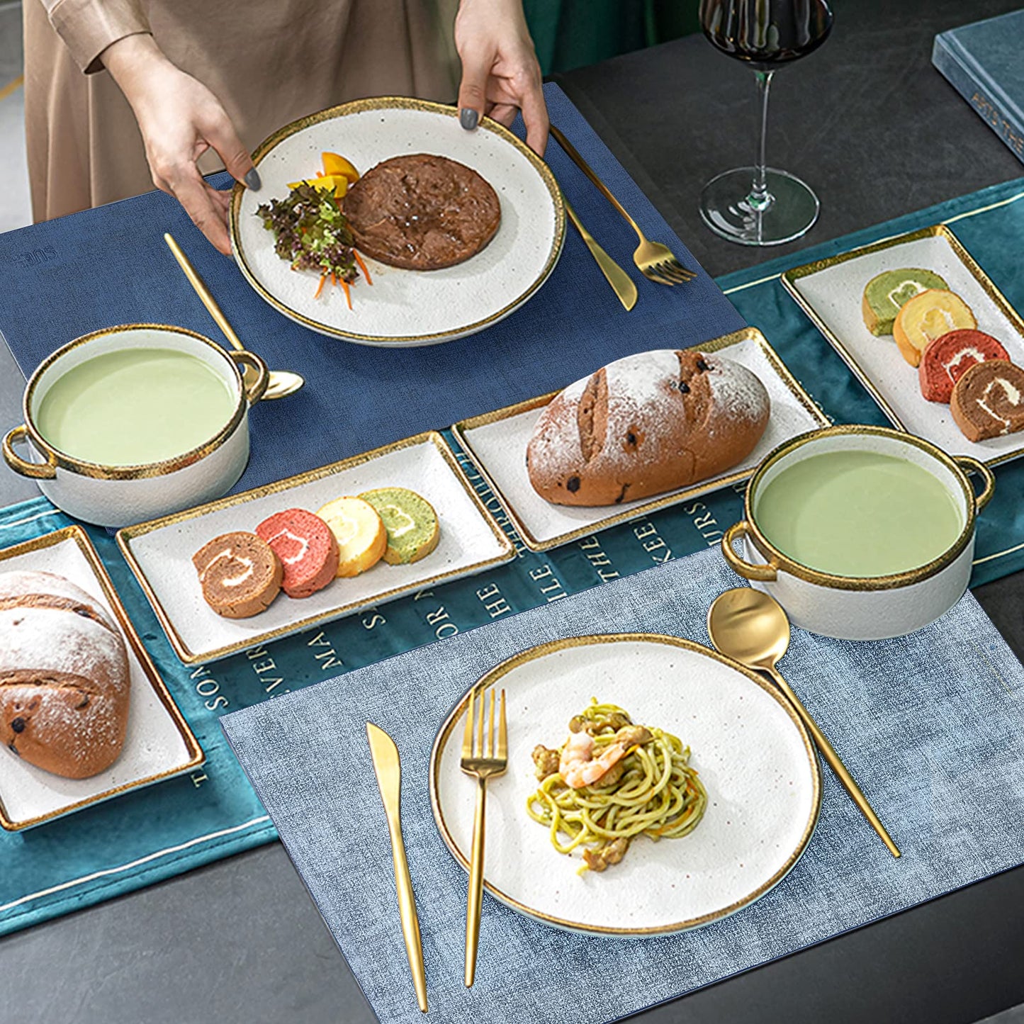 SUEH DESIGN Leather Placemats Set of 6 Reversible Table Mats Heat Resistant Waterproof No-Slip Place Mats for Dining Table Kitchen Parties