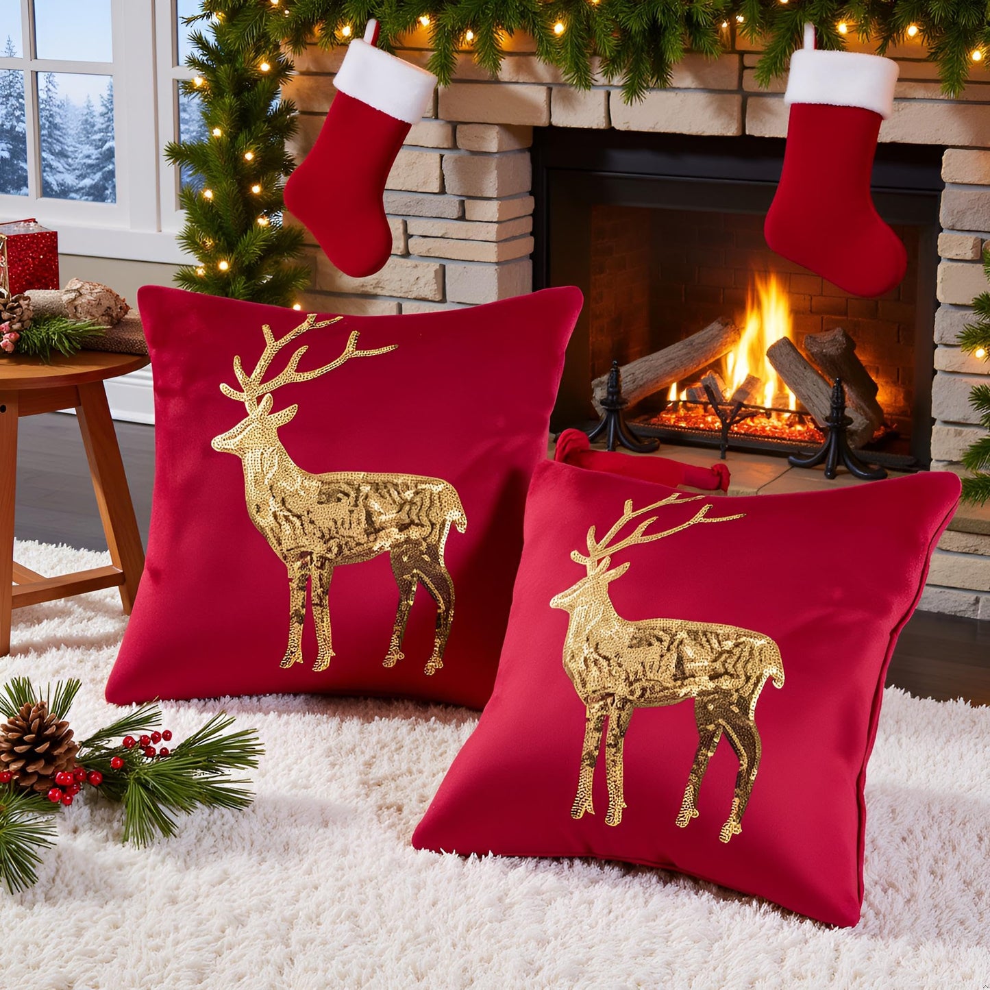 Tosleo Christmas Pillowcases 18 x 18 inch Set of 2 Red Deer Sequins Throw Pillow Cover Xmas Pillow Case Party Decor Winter Holiday Cushion Cases