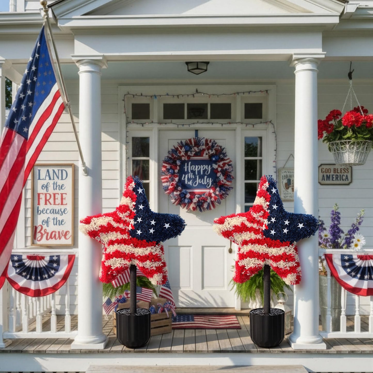 Sureio 2 Pack Patriotic Front Porch Decorations 25.6 Inch Red White Blue Star Topiary Trees for 4th of July Outdoor Decor Front Door Entryway Garden Independence Day