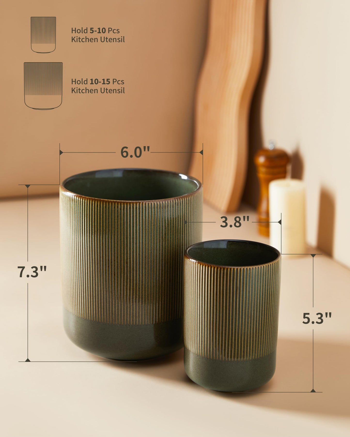Pokini Utensil Holder, 7.3"+5.3" Ceramic Kitchen Utensil Holder for Countertop, Large Cooking Utensil Organizer, Modern Utensil Crocks Spatula Holder for Farmhouse Kitchen Counter Decor, Brown Green