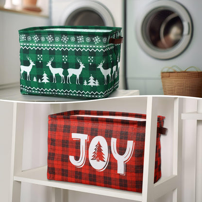 Capoda 2 Pack Christmas Storage Bin Large Collapsible Christmas Storage Baskets with Handles Canvas Green Red Plaid Organizer for Xmas Holiday Office Home Clothes Gifts Book Organization (Plaid)