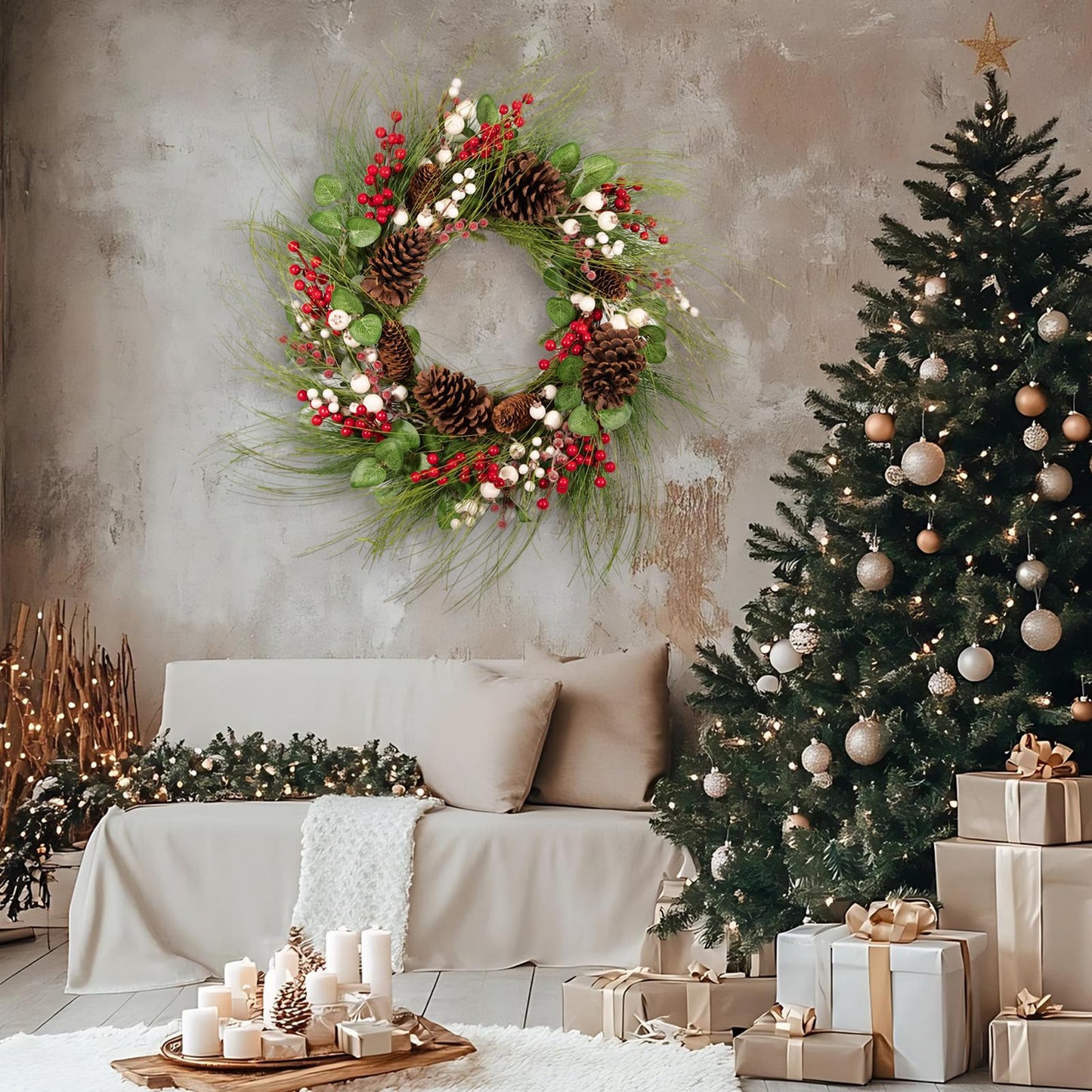 wwmira 26 Inch Large Christmas Wreath for Front Door, Extra-Large Artificial Wreath with Pine Cones, Red & White Berries, Nuts and Eucalyptus on Grapevine Base, Big Outdoor Holiday Decor
