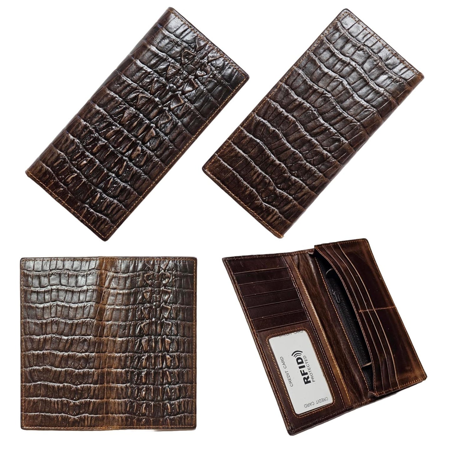 AurexaFashion Genuine Leather Bifold Long Wallet for Men, Retro Vintage Embossed Clutch with Zipped Coin purse & Credit card Slots. RFID Blocking. Crocodile Tail- Coffee