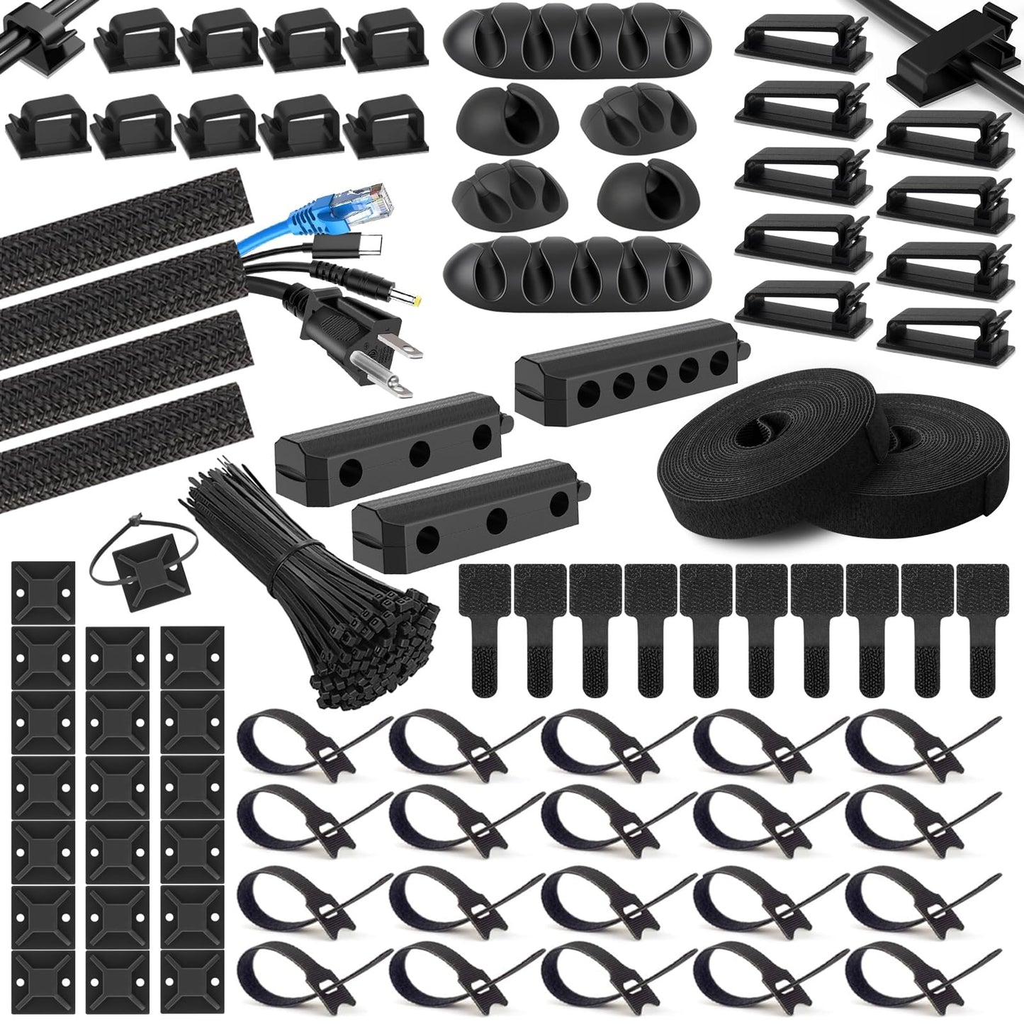 285 PCS Cable Management Kit - 4 Cable Sleeve Split, 50 Adhesive Cable Clips, 9 Cable Holder, 2 Roll Cable Organizer Straps, 200 Cable Zip Ties with 20 Mounts, for Computer TV Under Desk - Black