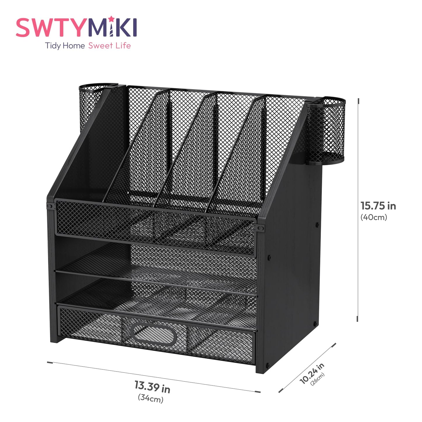 SWTYMIKI Desk Organizer with Drawers - Mesh and Wood Desk File Organizer with Pen Holders, 4-Tier Paper Organizer for Office Organizer and Accessorie, School and Home Storage, Black
