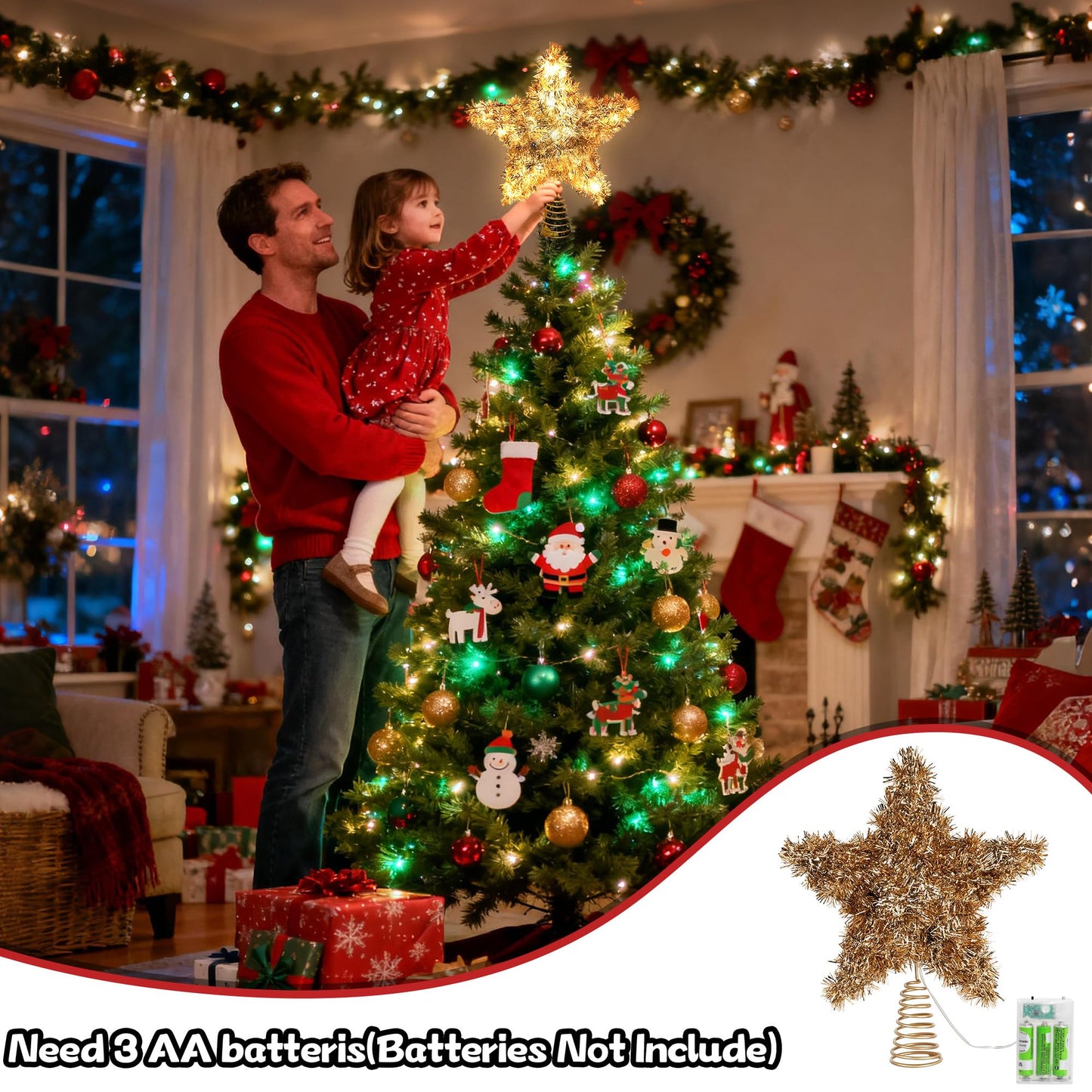 Joytry Christmas Tree Topper Star Shiny Gold Tinsel Star Tree Topper 10 Inch Lighted Tree Topper Battery Operated Christmas Tree Decoration for Holiday Indoor Decoration Warm White Light
