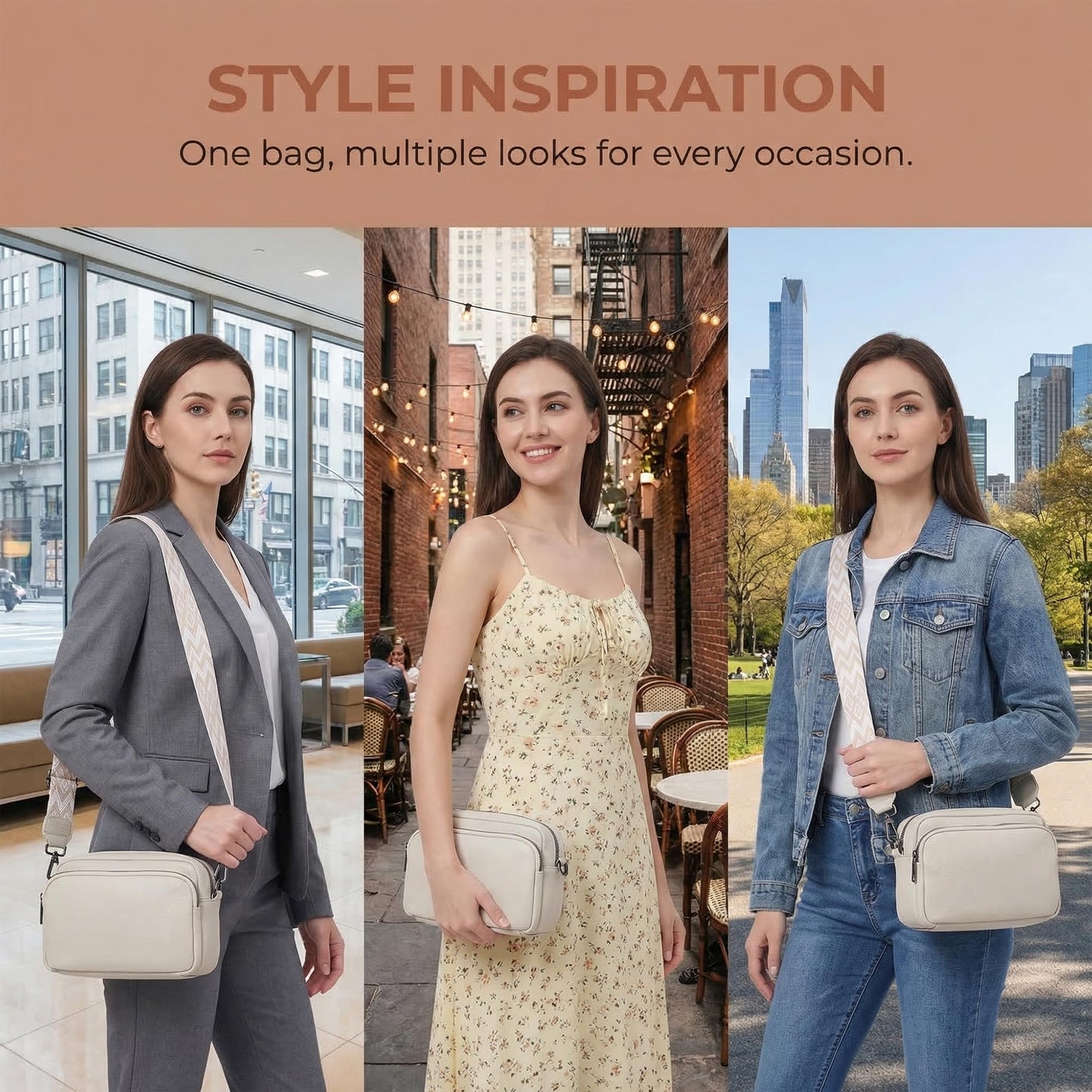Perphy Crossbody Bags for Women 5 Pockets Shoulder Handbags with Wide Strap 7.9 * 2.4 * 5.9 inches Beige