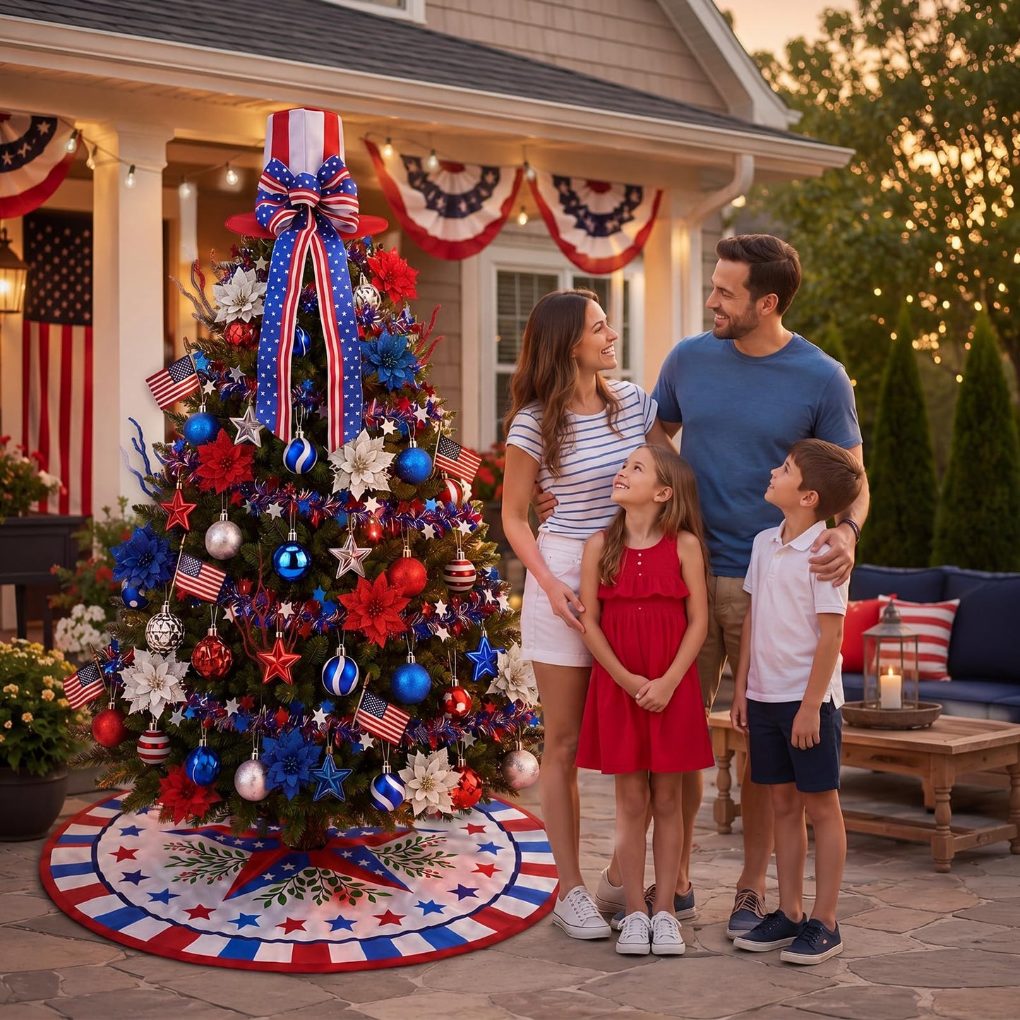 Teyva Daily 90 Pcs 4th of July Tree Decorations Kit, Patriotic Red White Blue Hanging Ornament, Tree Skirt, Topper Hat, Ball, Star Picks, Garland, Mini Flags, Flowers for Independence Day Party Decor