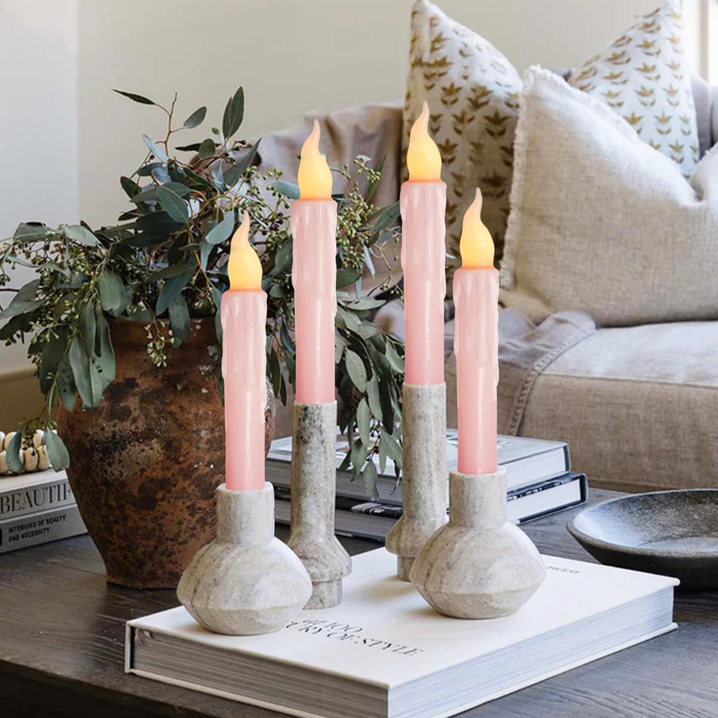 FCMSHAMD Pink Flameless Short Taper Candles, Real Wax Hand Dipped LED Battery Operated with Remote, Flickering Flame Lights for Festival Party Home Décor, 6.7 Inch Primitive Flameless Candles, 4PCS