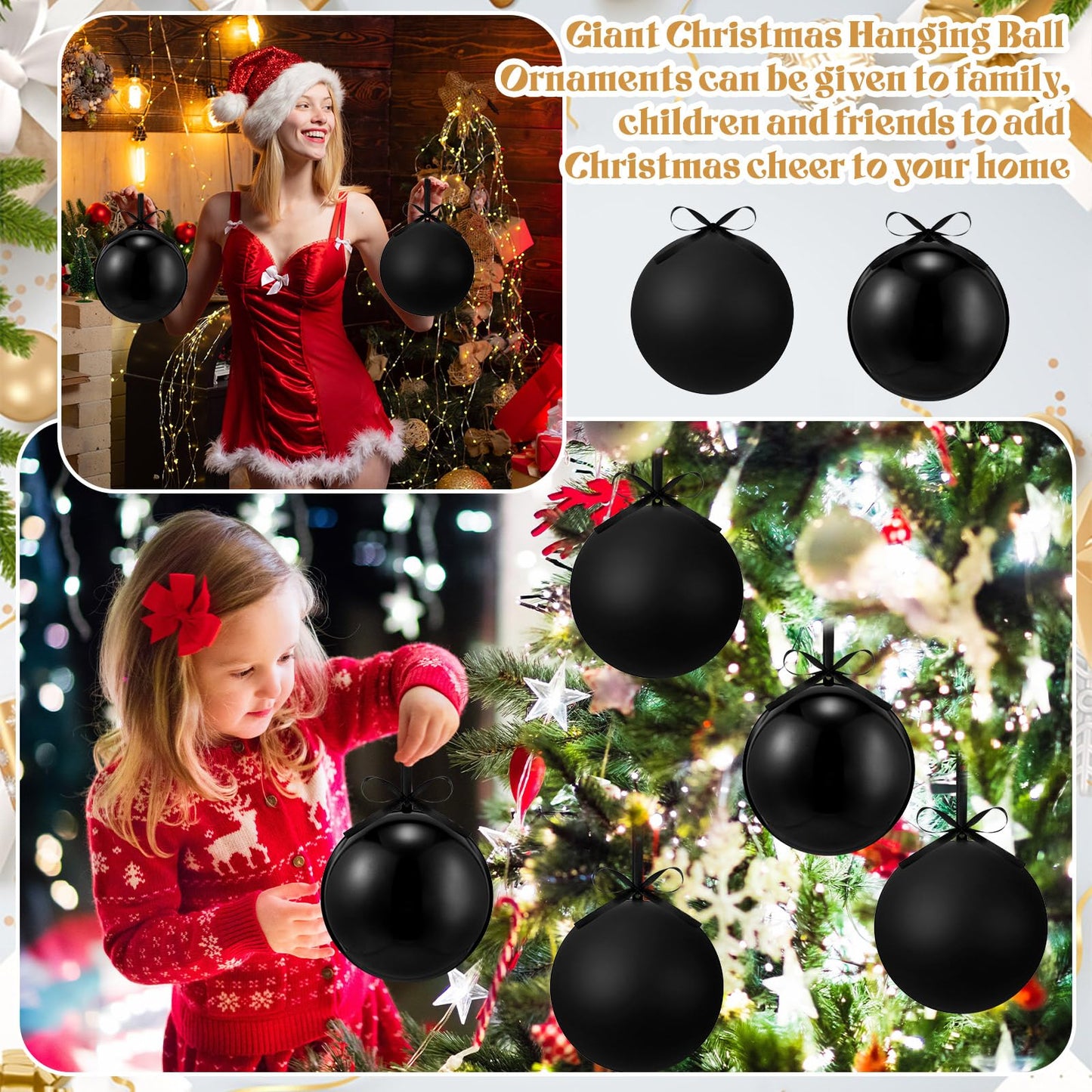 Zubebe 2 Pcs 8" Giant Fillable Christmas Ornaments with Ribbons Oversized Plastic Xmas Balls for Outdoor Lawn Yard Decor, Tree Hanging, Holiday Gifts(Matte Black, Shiny Black)