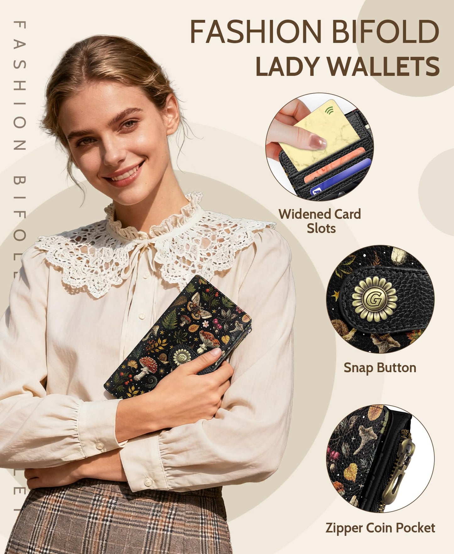 GIANCOMICS Butterfly Mushroom Womens Wallet RFID Blocking, Credit Card Holder Bifold, PU Leather Travel Billfold, Cute Cash Purse, Zipper Coin Pocket Clutch, 11 Card Slots, Ladies Gift Woman