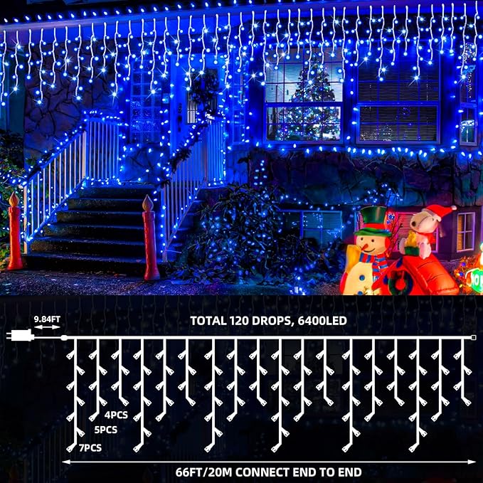 66 Ft 640 LED Christmas Icicle Lights Extra Long 8 Modes Waterproof Icicle String Light with 120 Drops, Fairy Hanging Lights Decor with Remote for Xmas Wedding Indoor Outdoor Blue