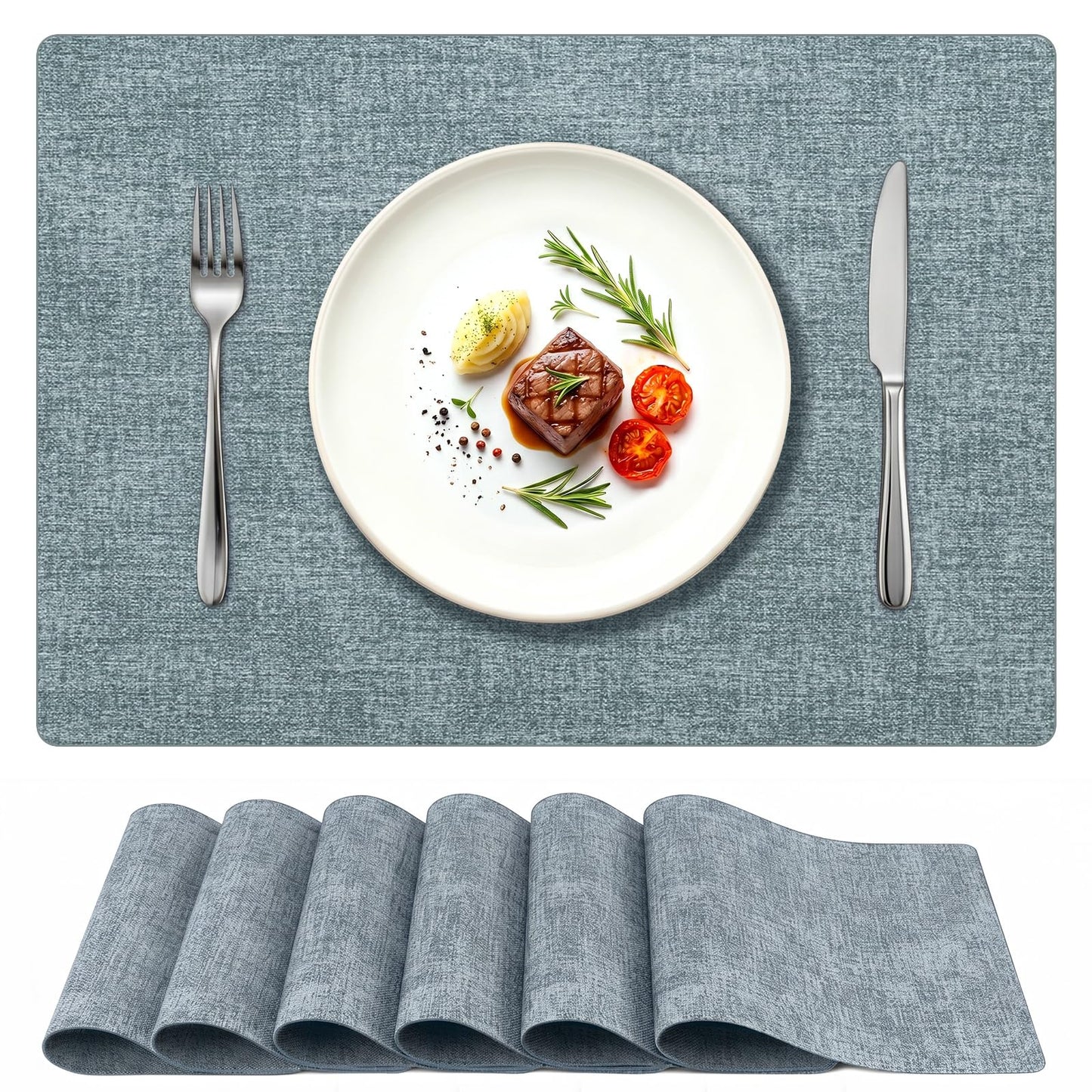 Newise Leather Placemats Set of 6-18x12in, Washable Stainproof Heat Resistant Place Mats for Christmas Patry Restaurant, Blue