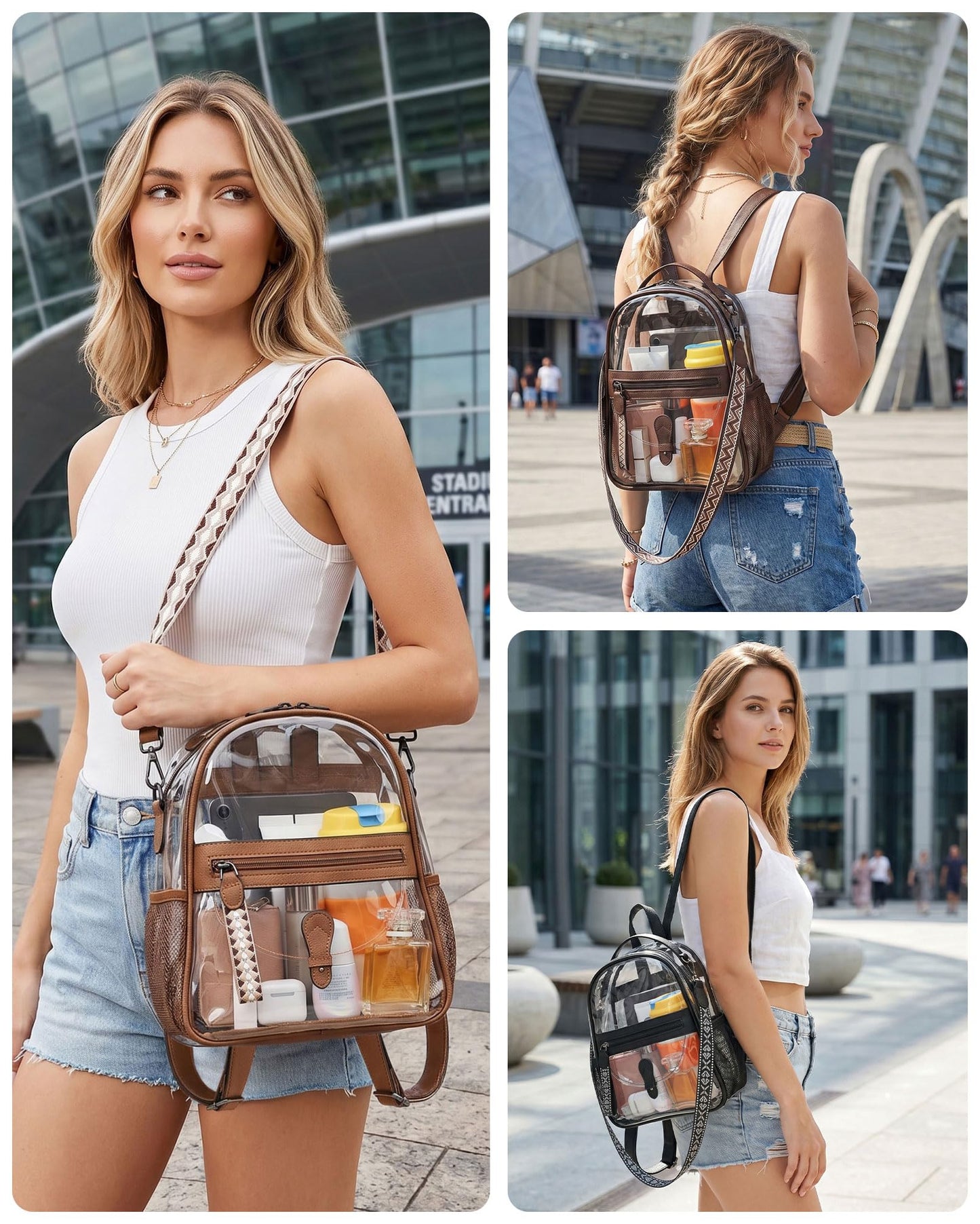 FADEON Clear Small Backpack Purse for Women, Designer Transparent Shoulder Handbag, PVC Mini Clear Bag for Stadium Approved