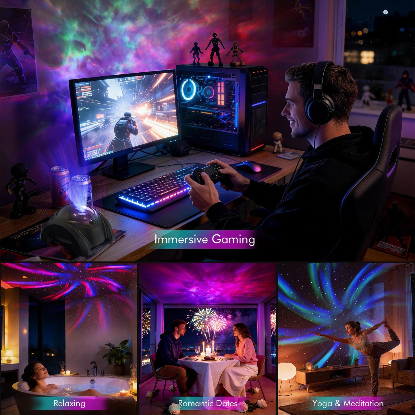 Rossetta Dual Lens Galaxy Projector, Star Projector for Bedroom with 58 Light Effects, Night Light Projector with White Noise & Bluetooth Speaker, Remote Timer, Room Decor Gift for Kids Adults Teens