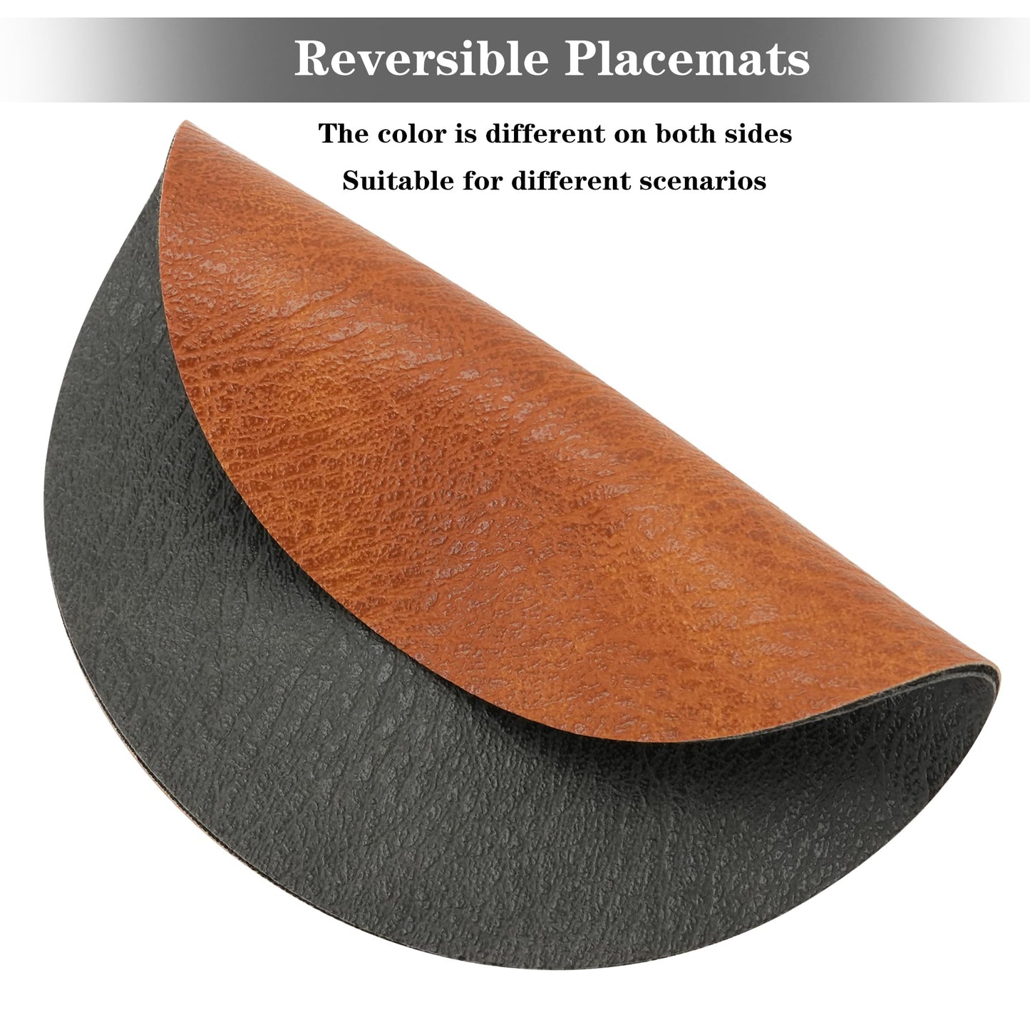 Pixieora Round Placemats and Coasters Set of 8, Washable Reversible Faux Leather Placemats Cowhide Pattern Place Mats Wipeable Non-Slip 15 inch Round Kitchen Dining Table Mats (Gray Brown, 8)