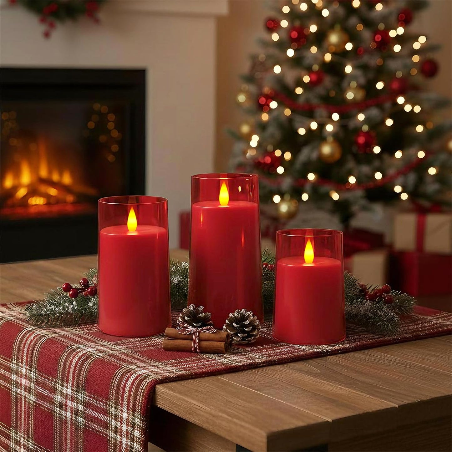 Raycare Independence Day Flameless Electronic Pillar Candles with Remote Timer- Battery Operated Realistic Flickering LED Fake Candle for 4th of July Patriotic Home Decor, Red,Set of 3(3"x4"5" 6")